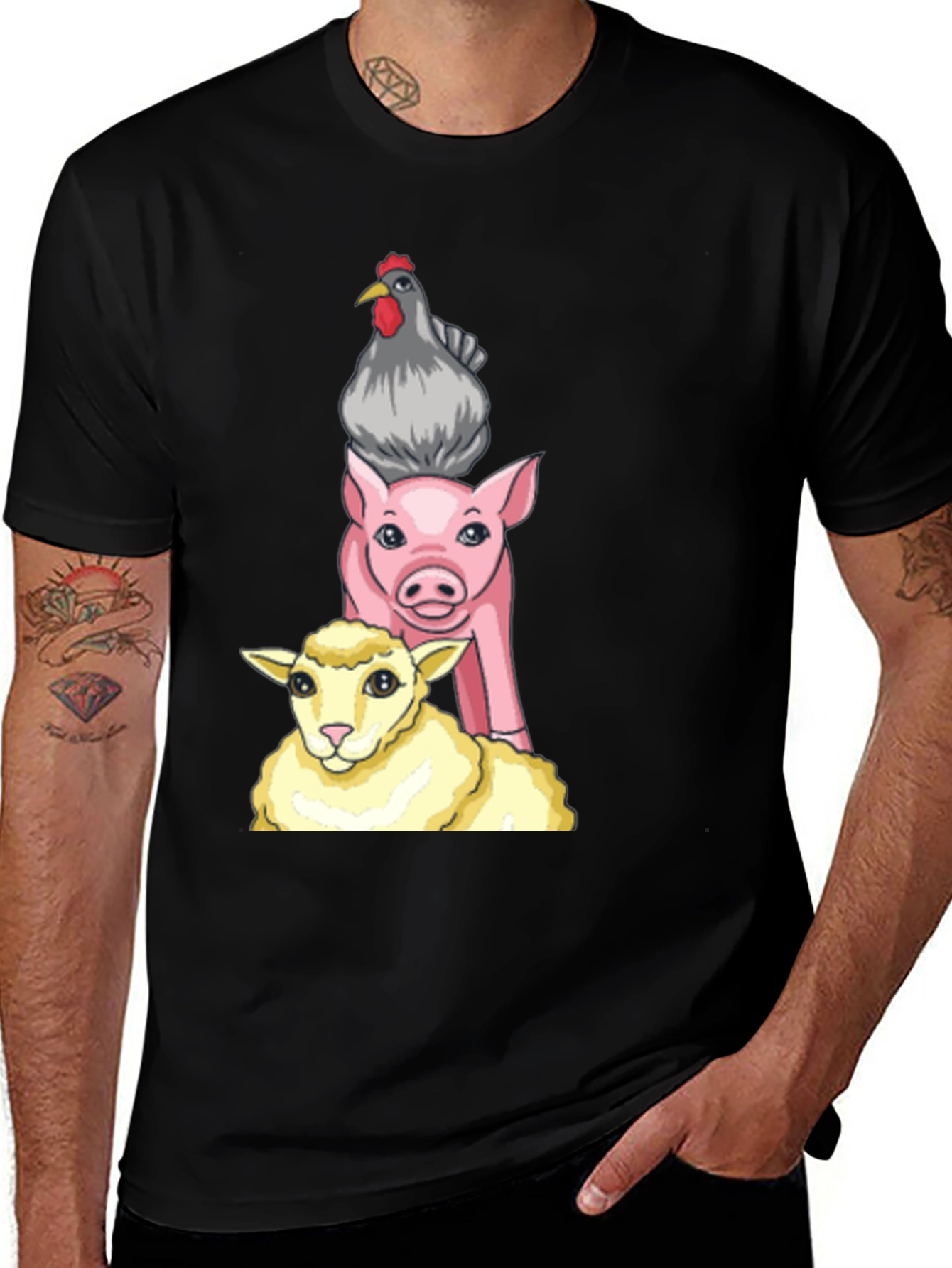 Variant 27 of Stacked Farm Animals Graphic Tee - Black Cotton Shirt