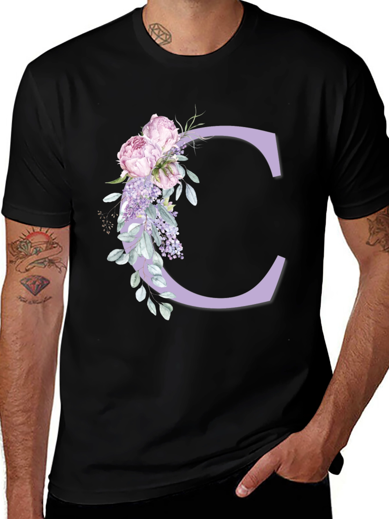 Variant 7 of Floral Letter C Black T-Shirt