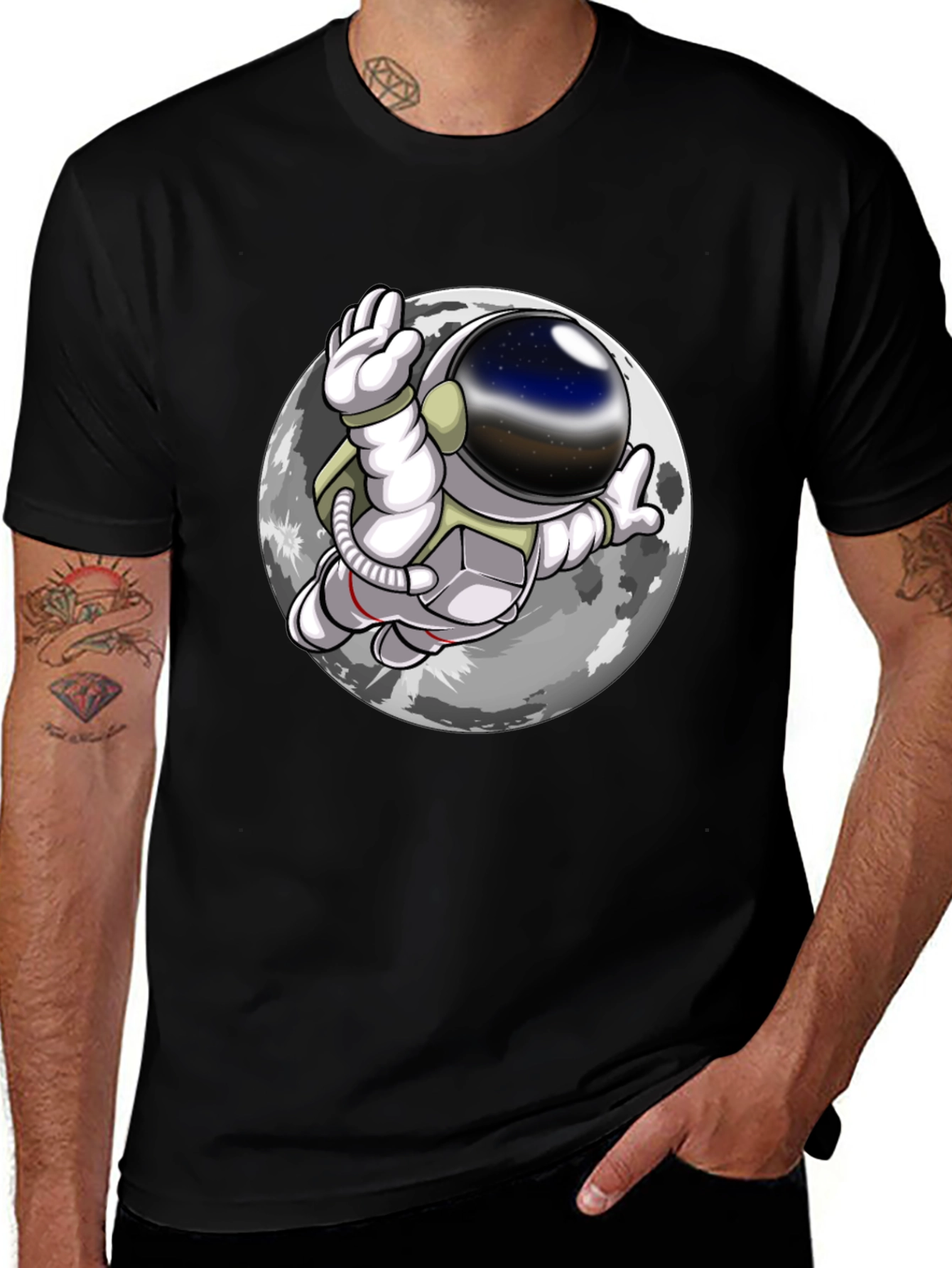Variant 6 of Astronaut Moon Landing Graphic Tee - Black Cotton T-Shirt
