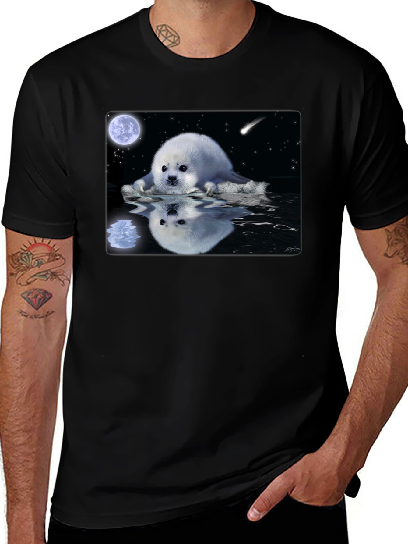 Variant 29 of Seal Moon Reflection Graphic Tee - Black Cotton T-Shirt