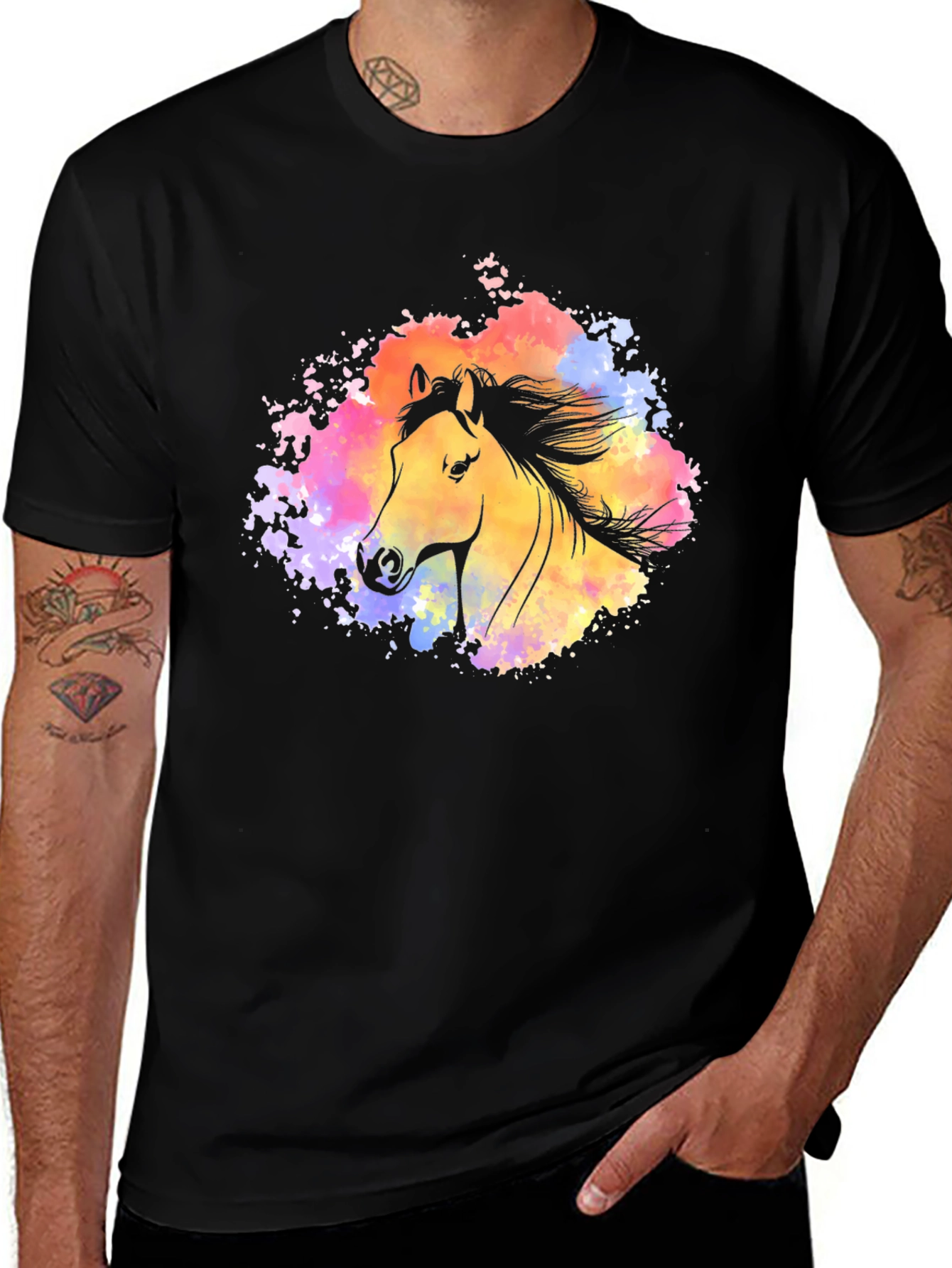 Variant 11 of Watercolor Horse Graphic T-Shirt - Stylish Black Tee