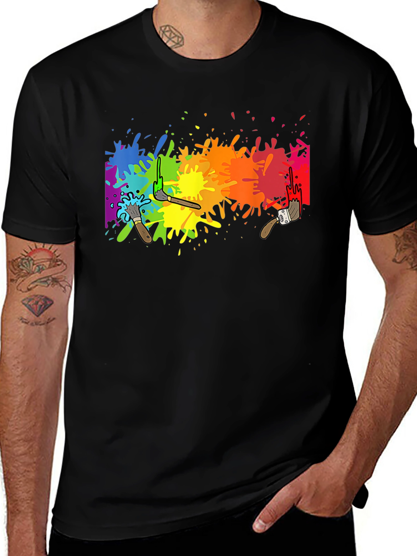 Rainbow Paint Splatter Graphic Tee - Artistic Black T-Shirt