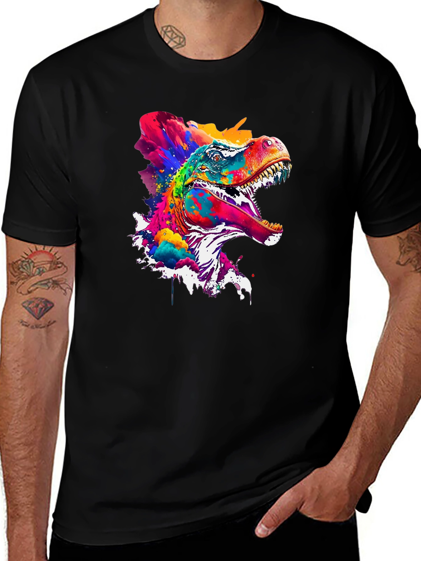 Variant 21 of Colorful Dinosaur Graphic Print Black T-Shirt