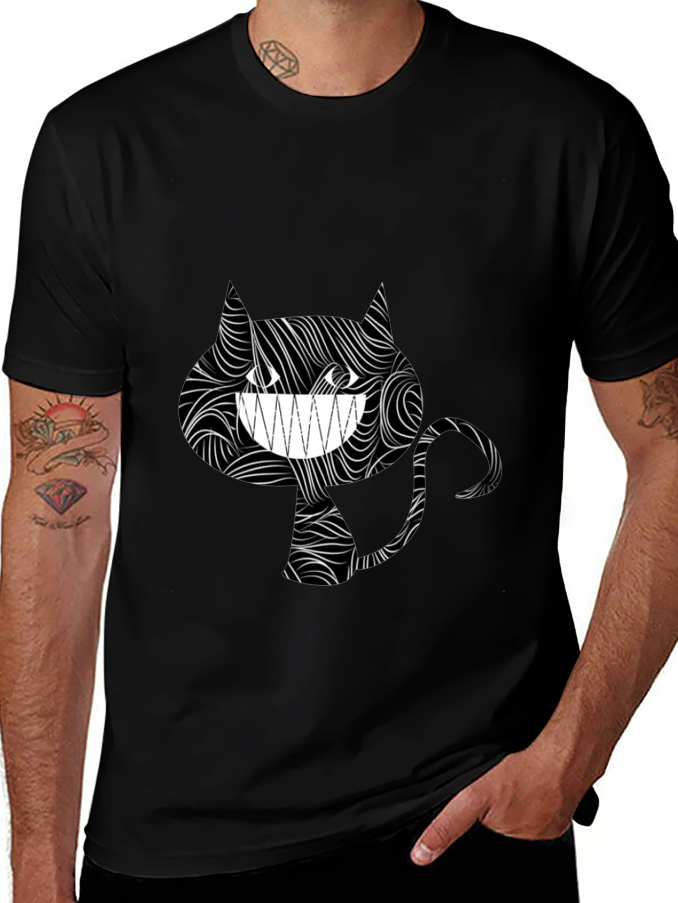 Variant 21 of Grinning Cat Tee - Stylish Black Graphic T-Shirt