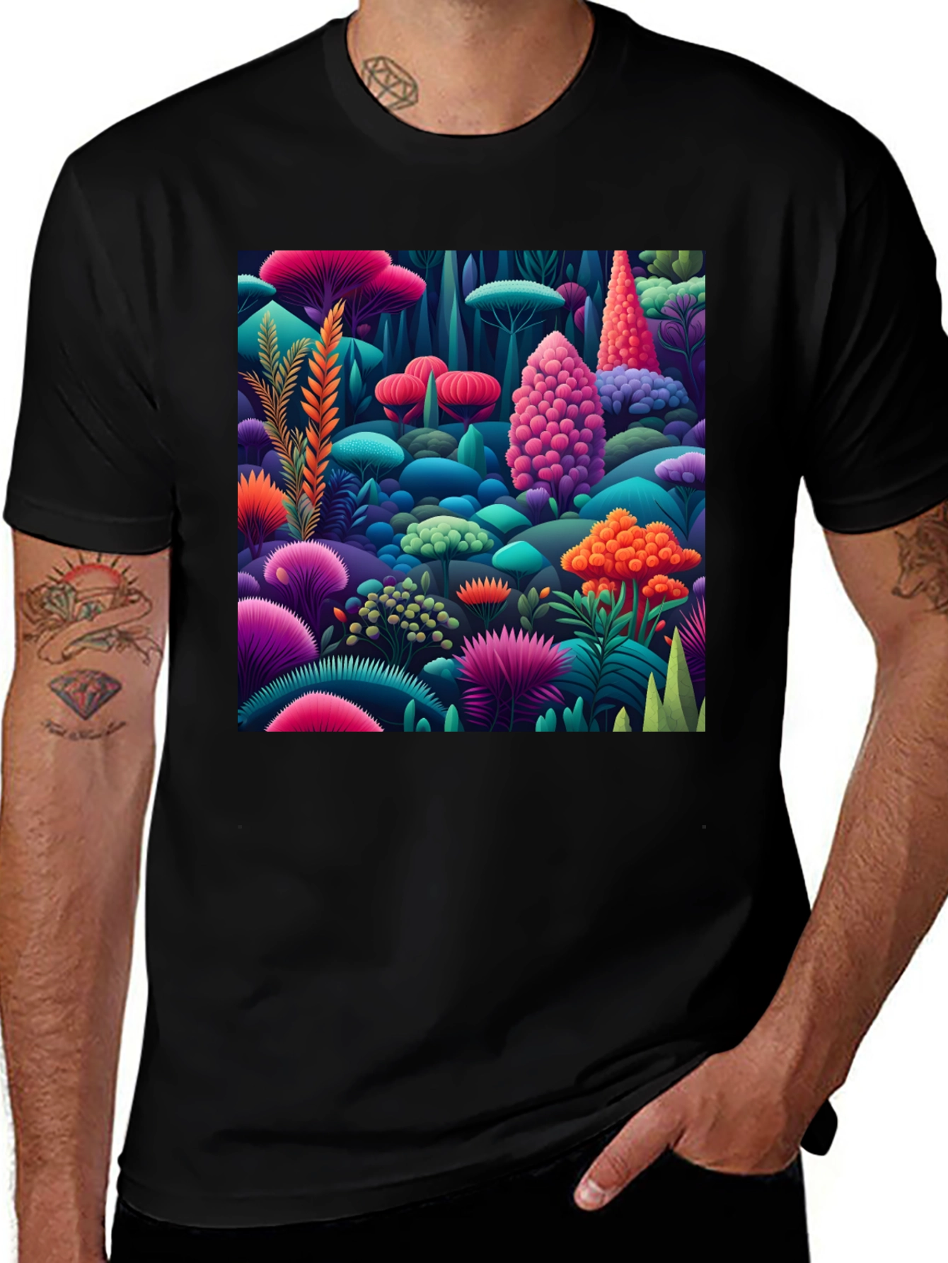 Variant 12 of Vibrant Fungi Forest Print Black T-Shirt