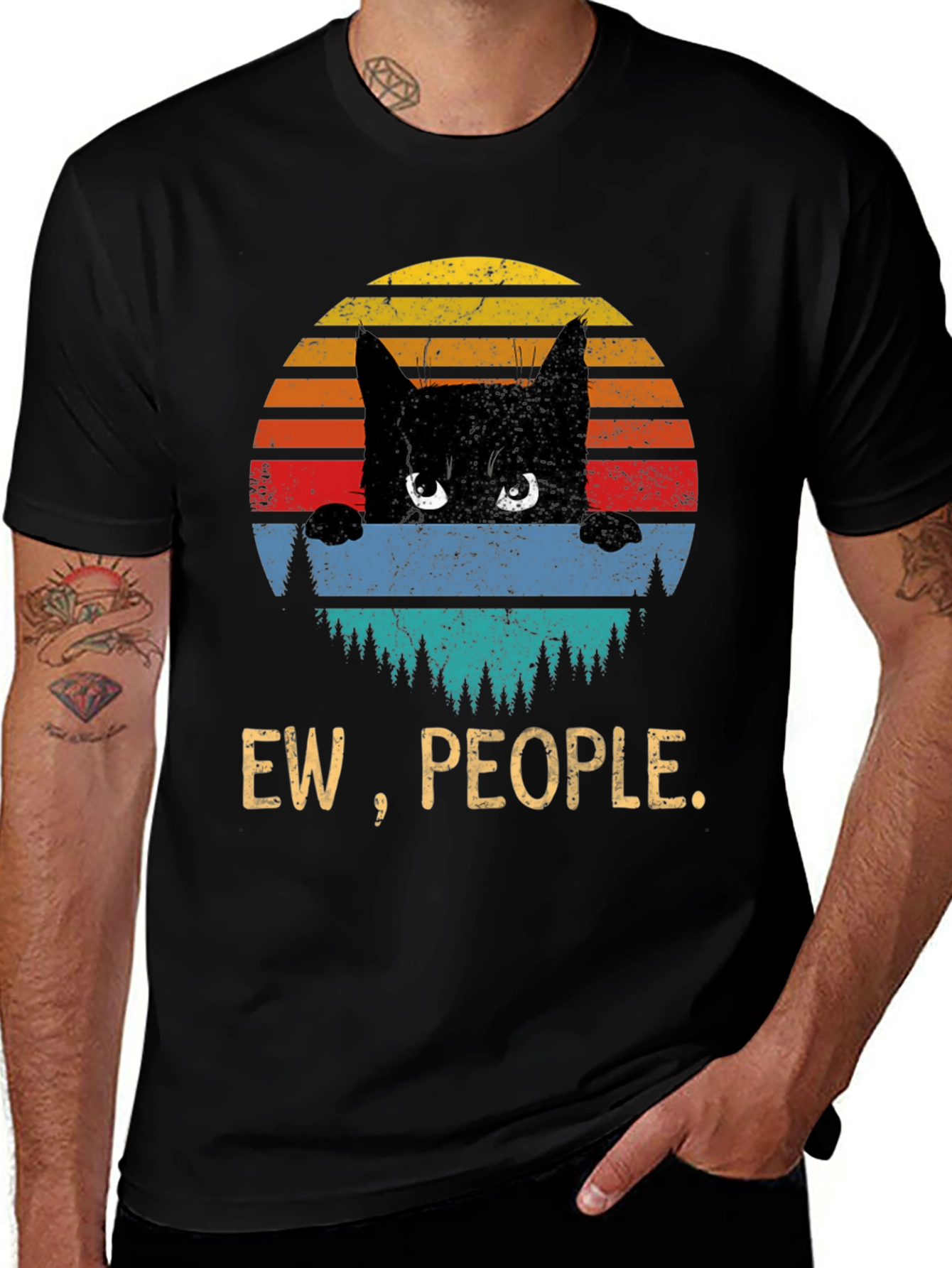 Variant 21 of Ew, People Cat T-Shirt - Retro Sunset Design