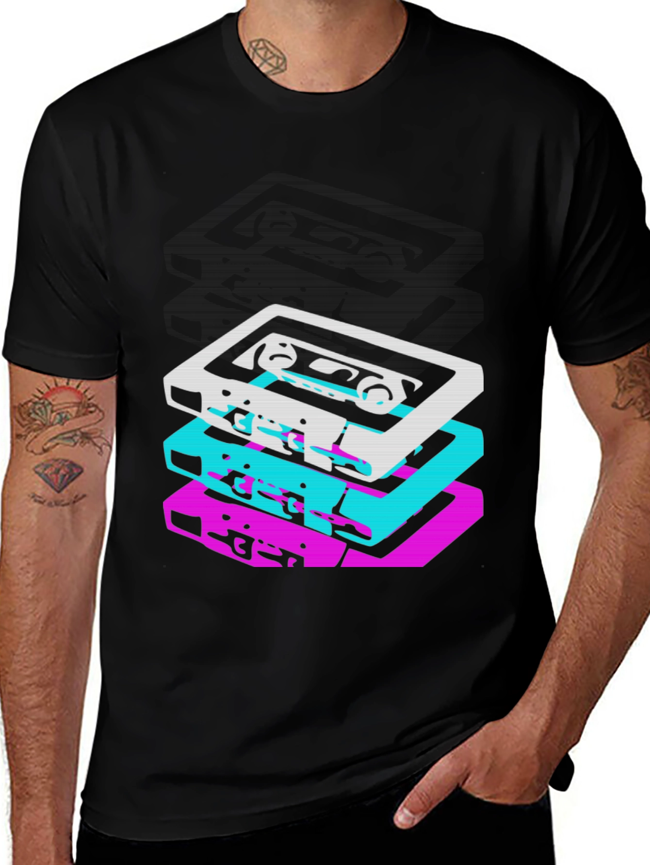 Variant 14 of Retro Cassette Stack Graphic Tee - Black