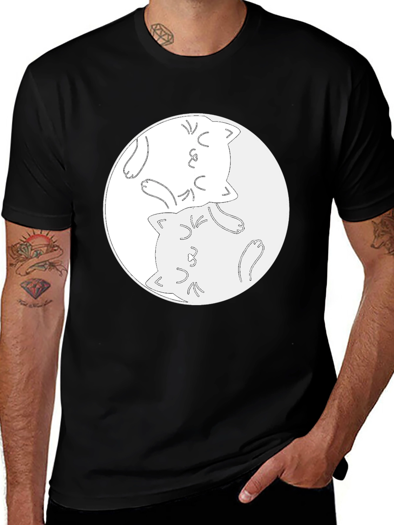 Variant 26 of Yin Yang Cats Graphic Tee - Black Cotton Comfort