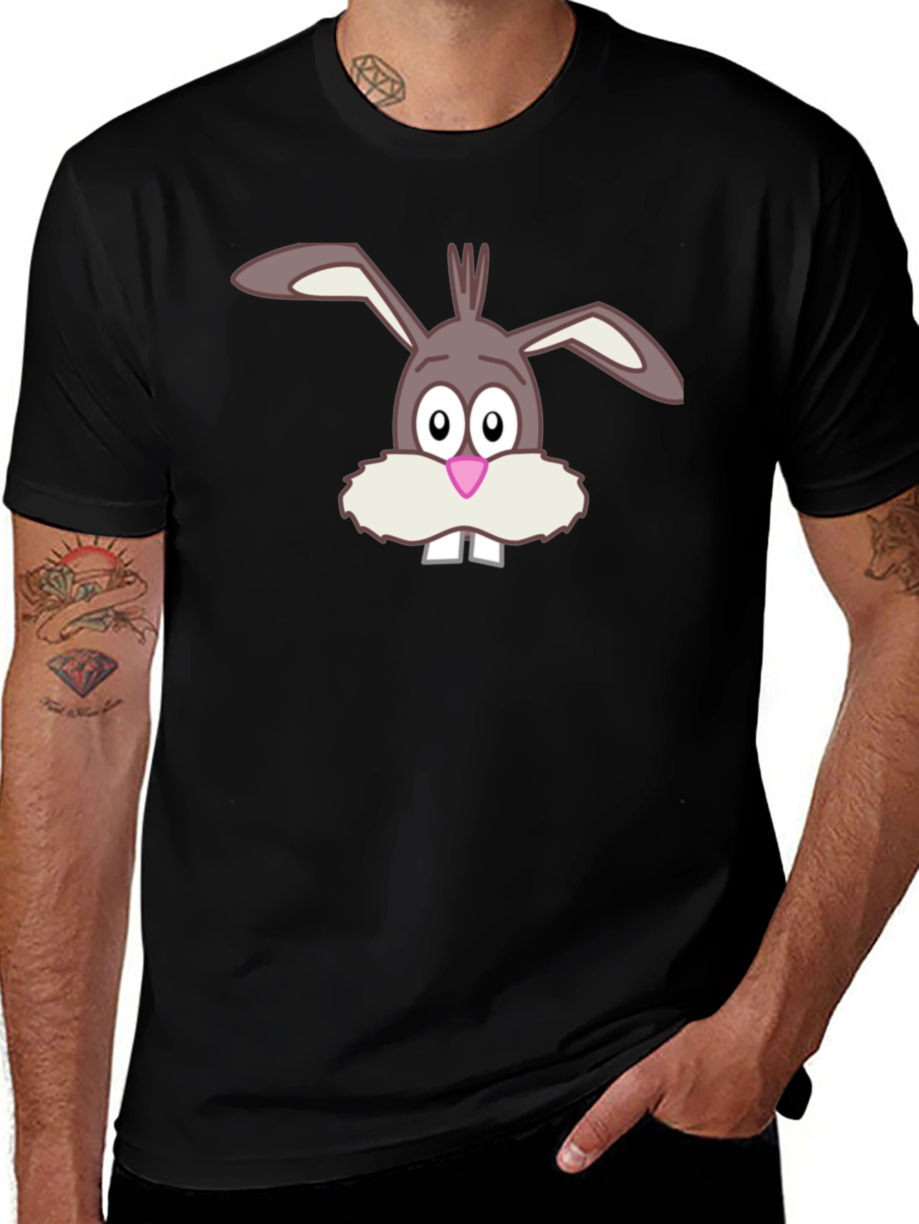Black Funny Cartoon Bunny Graphic Black T-Shirt main image