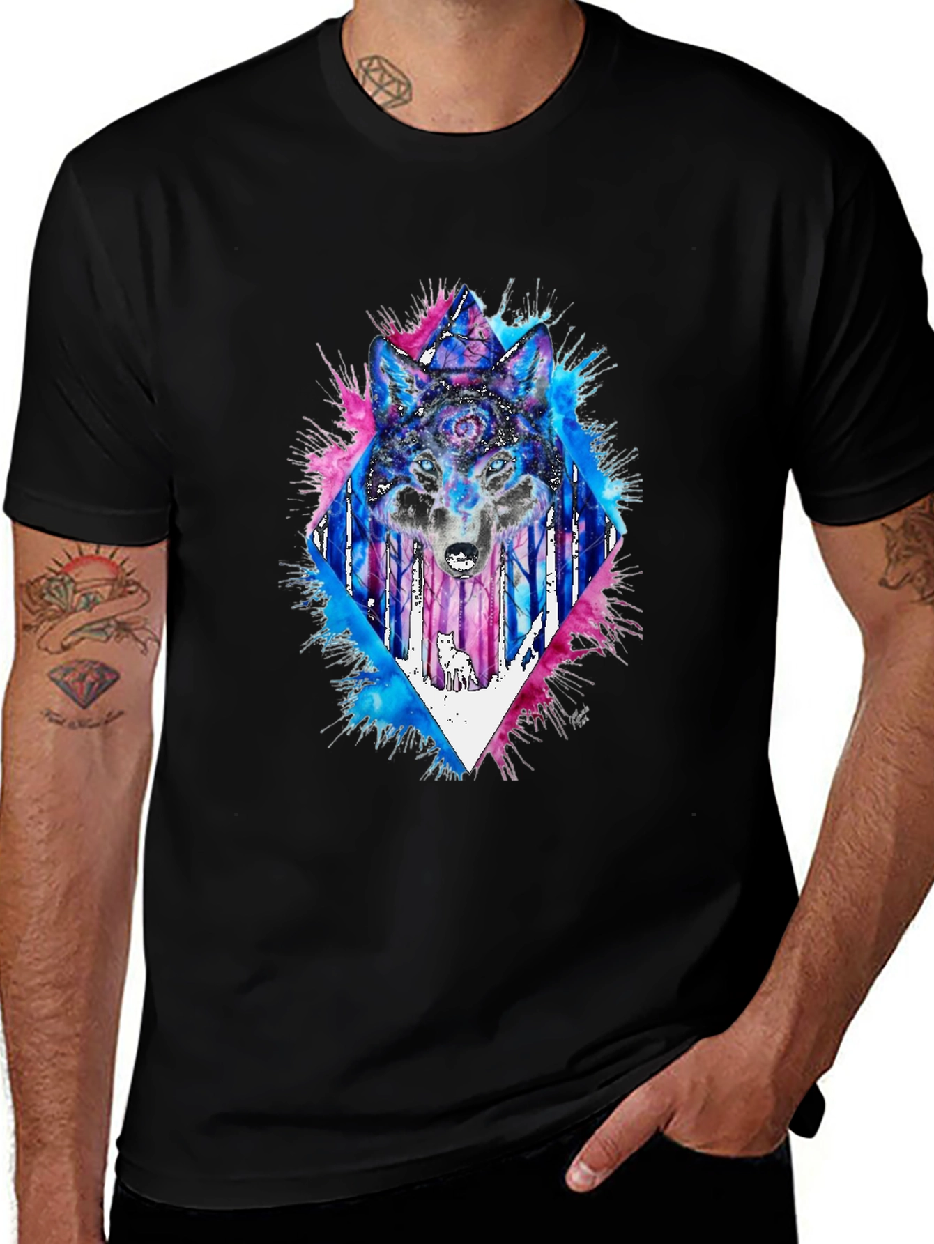Black Mystic Wolf Graphic Tee - Black Cotton Blend main image