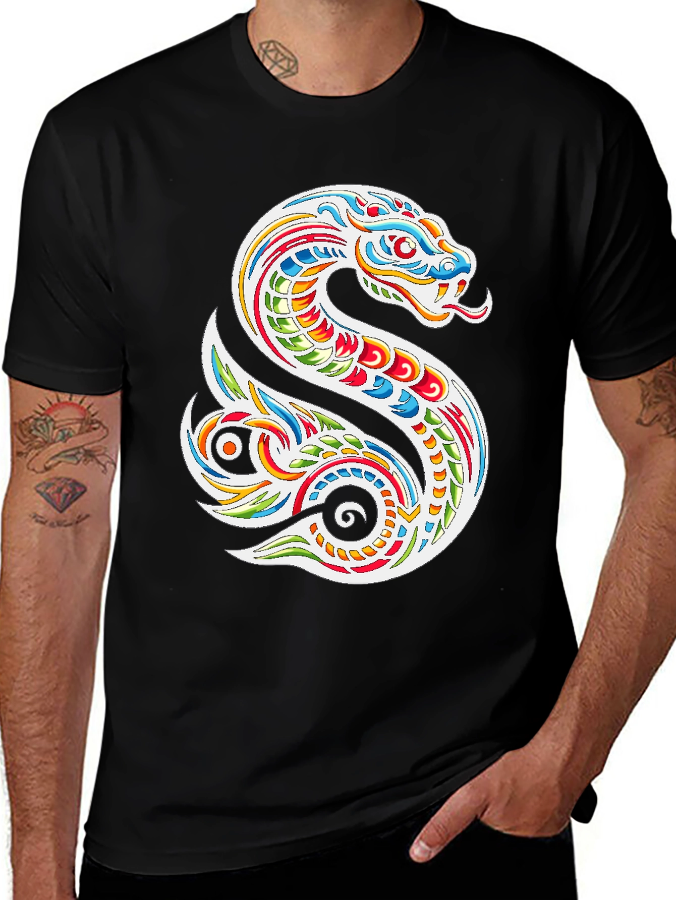 Variant 21 of Vibrant Snake Graphic Tee - Men's Black T-Shirt