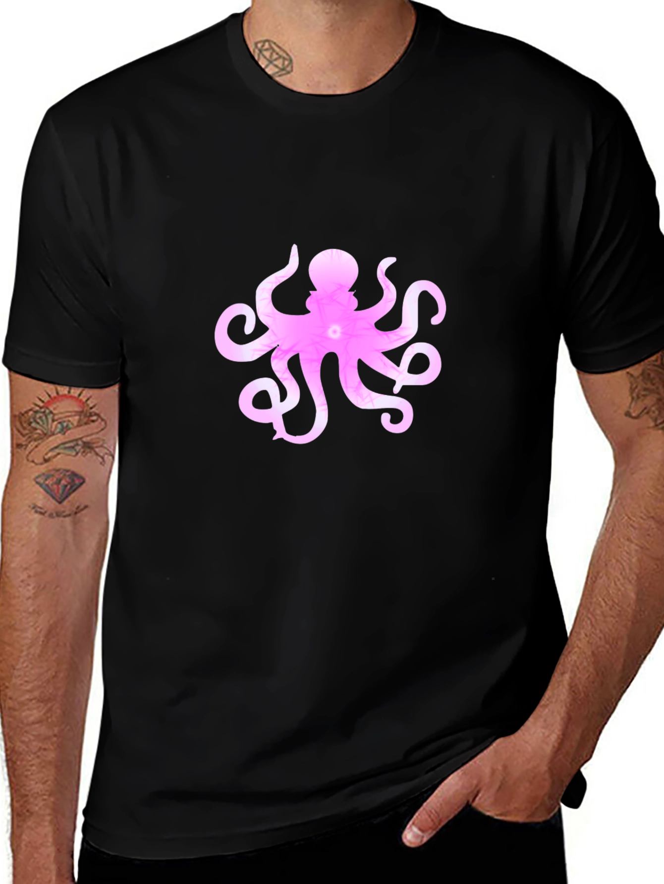 Men's Black T-Shirt with Pink Octopus Design