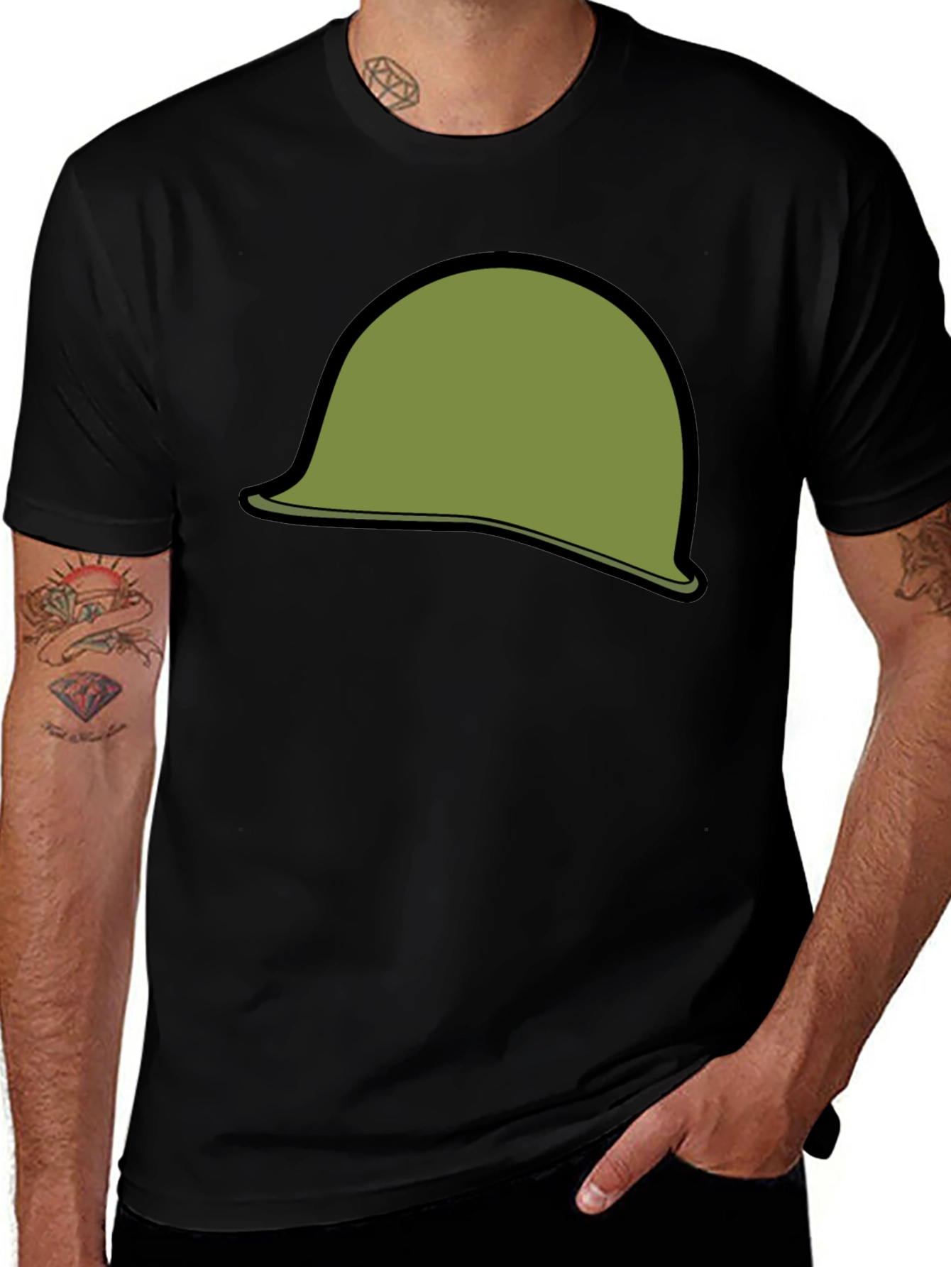 Variant 15 of Retro Military Helmet Graphic Tee - Black Cotton Blend