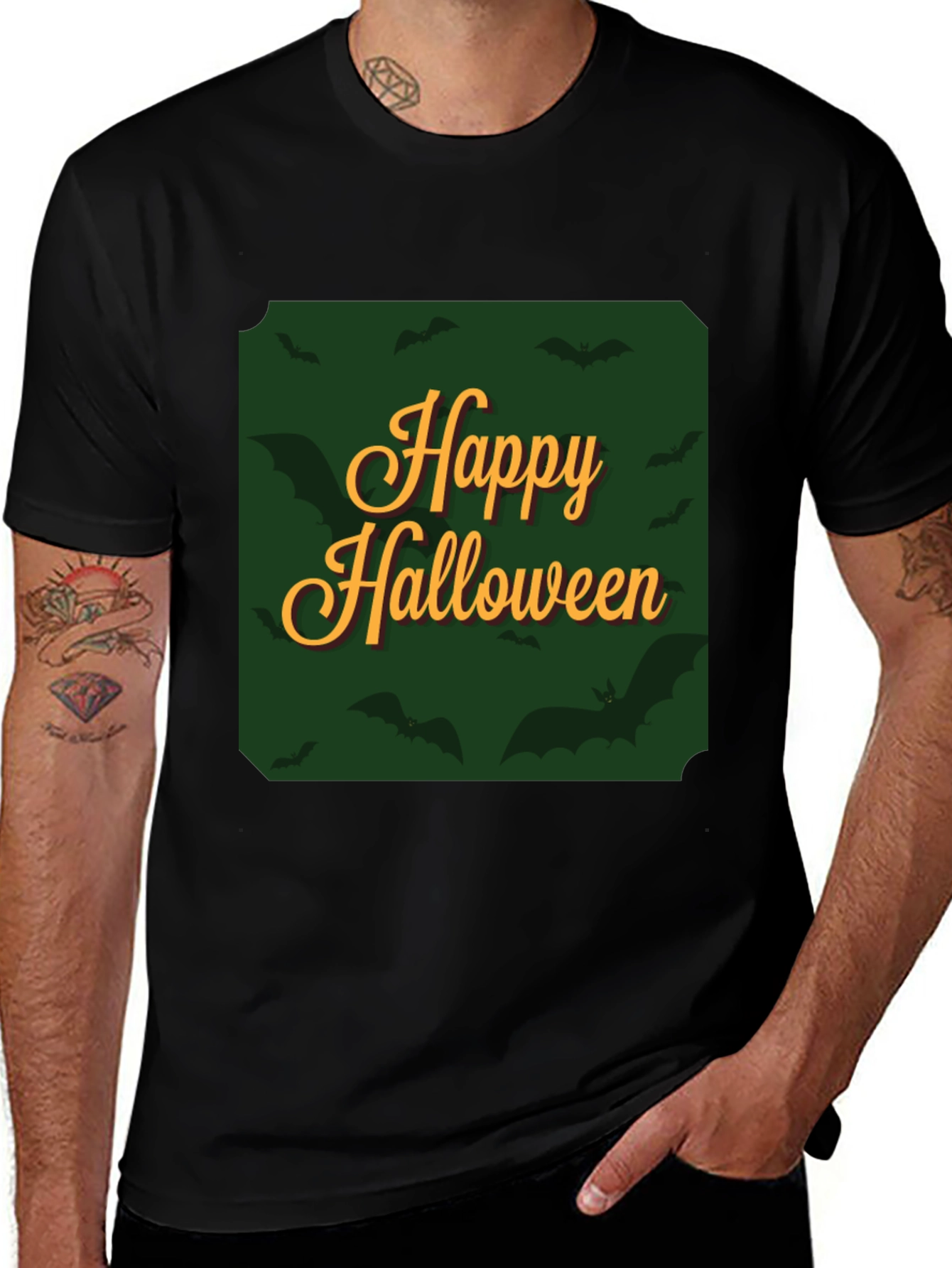 Happy Halloween Bat Graphic Tee - Black