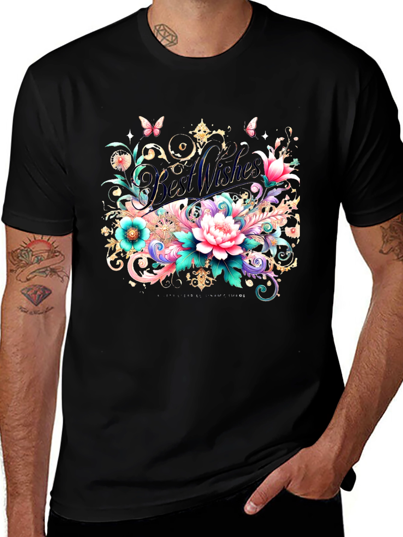 Floral "Best Wishes" Graphic Black T-Shirt