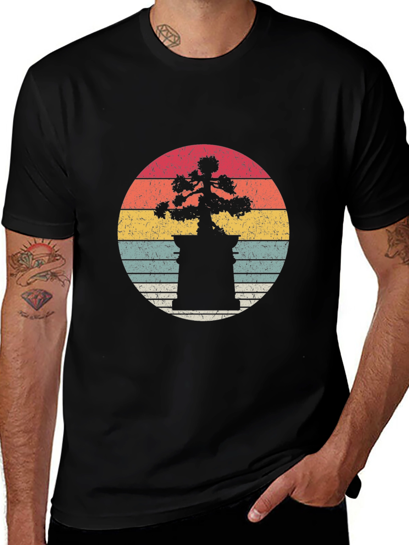 Variant 13 of Retro Bonsai Tree Sunset Graphic Tee