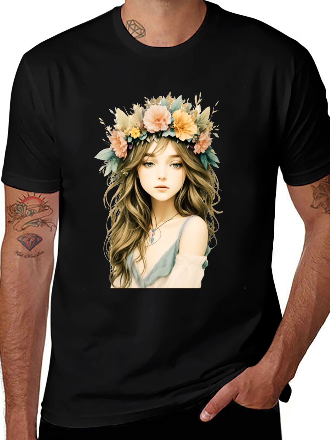 Variant 29 of Floral Crown Girl Graphic Black T-Shirt