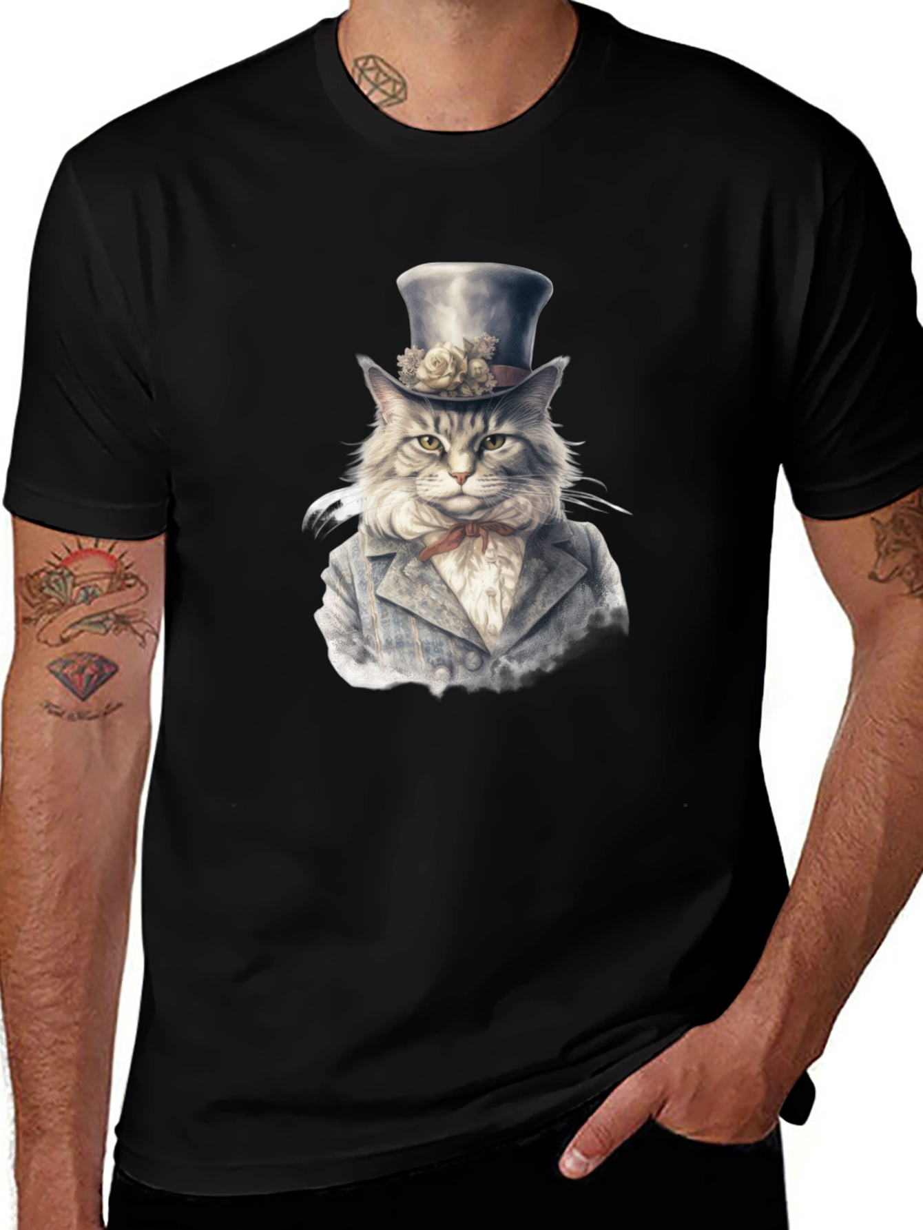 Variant 7 of Dapper Cat T-Shirt - Gentleman Feline Top Hat Design
