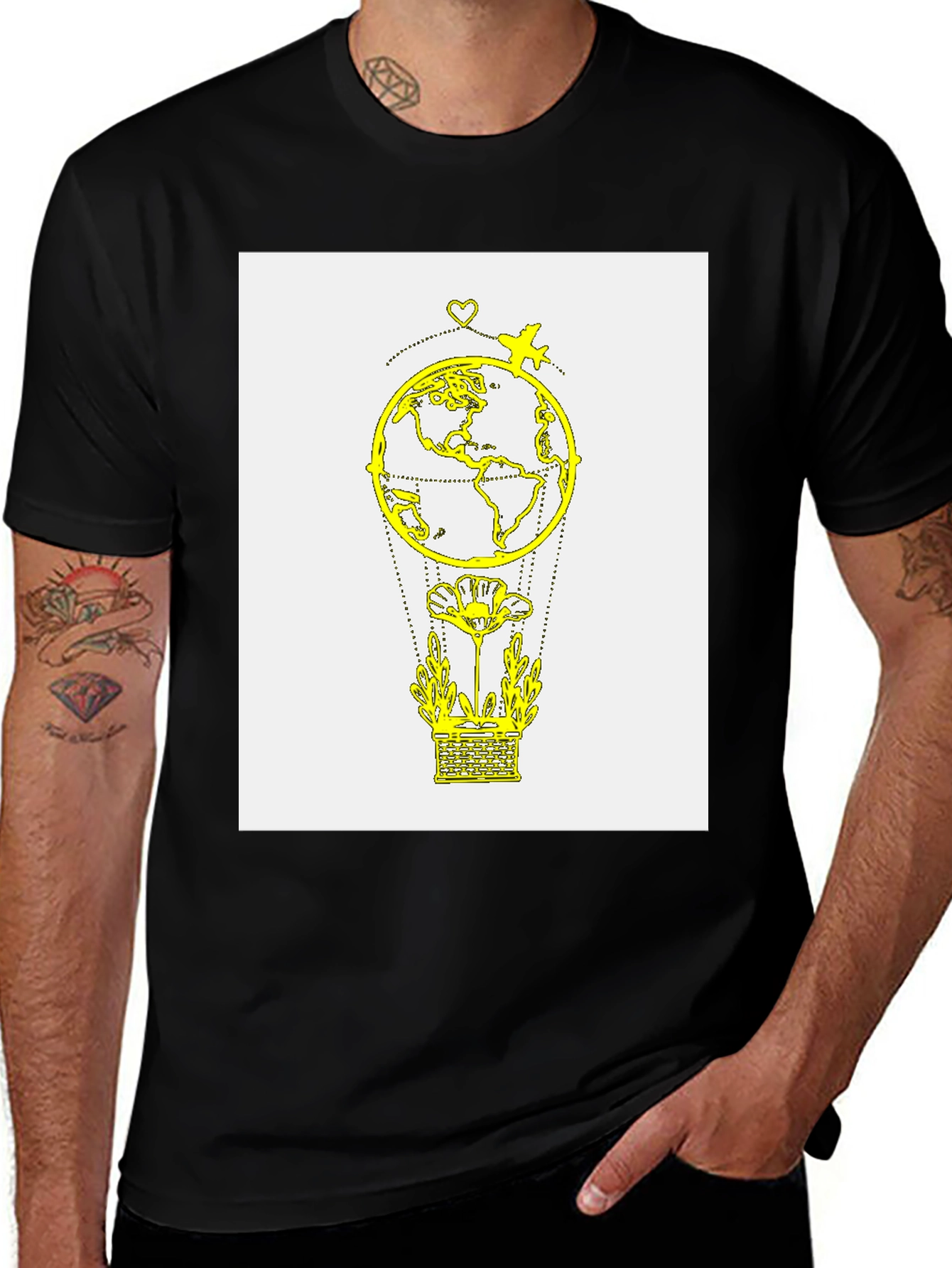 Variant 7 of Globe & Airplane Graphic Tee - Black Cotton T-Shirt