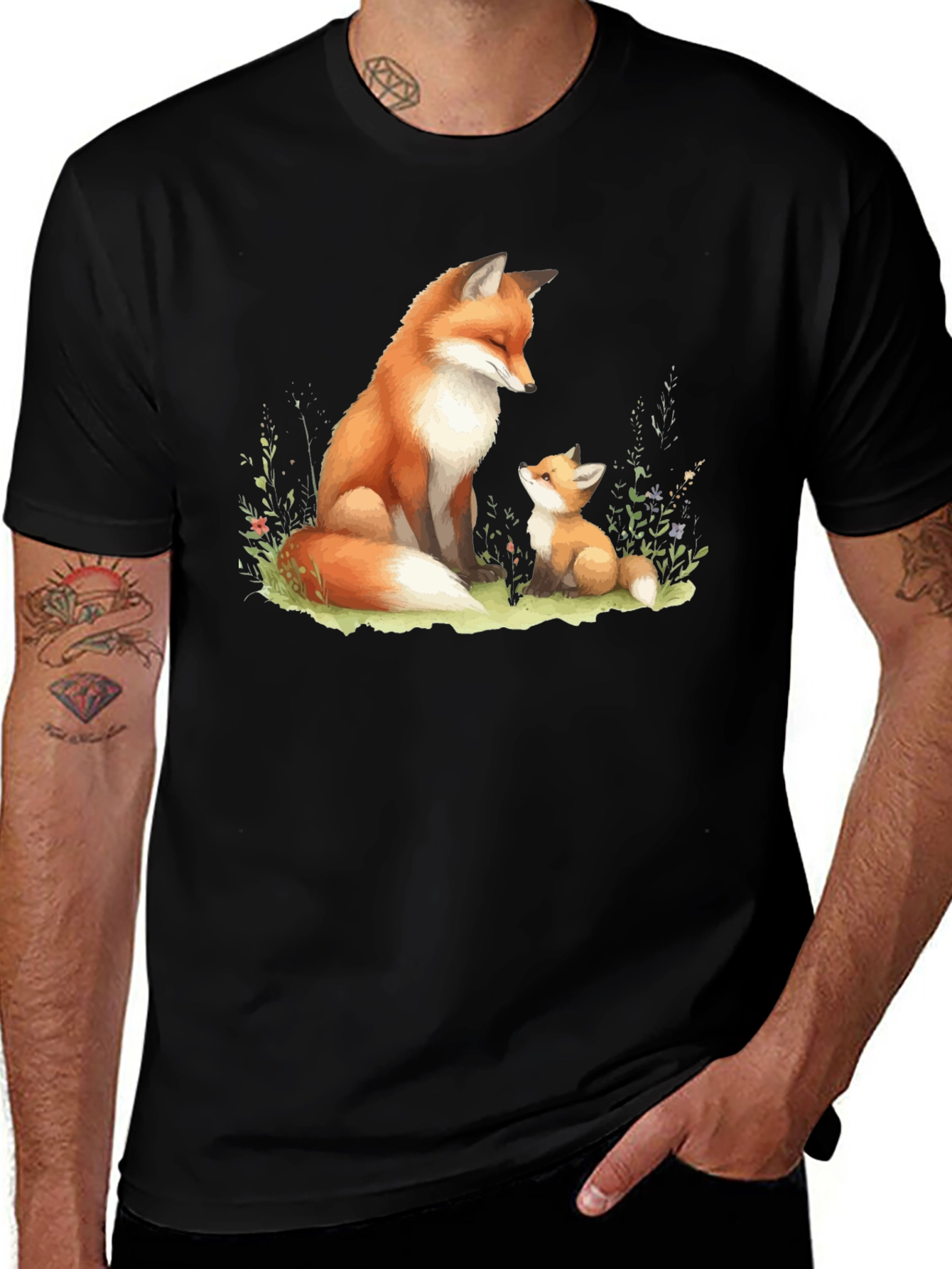Black Fox & Cub Graphic Tee - Soft Cotton Blend Shirt main image