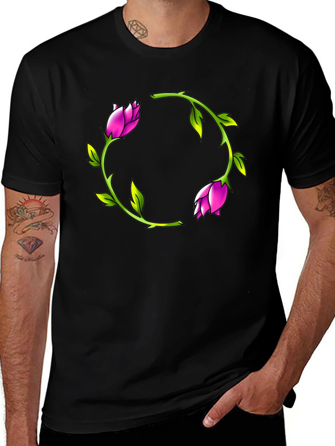 Variant 23 of Floral Wreath Graphic Black T-Shirt