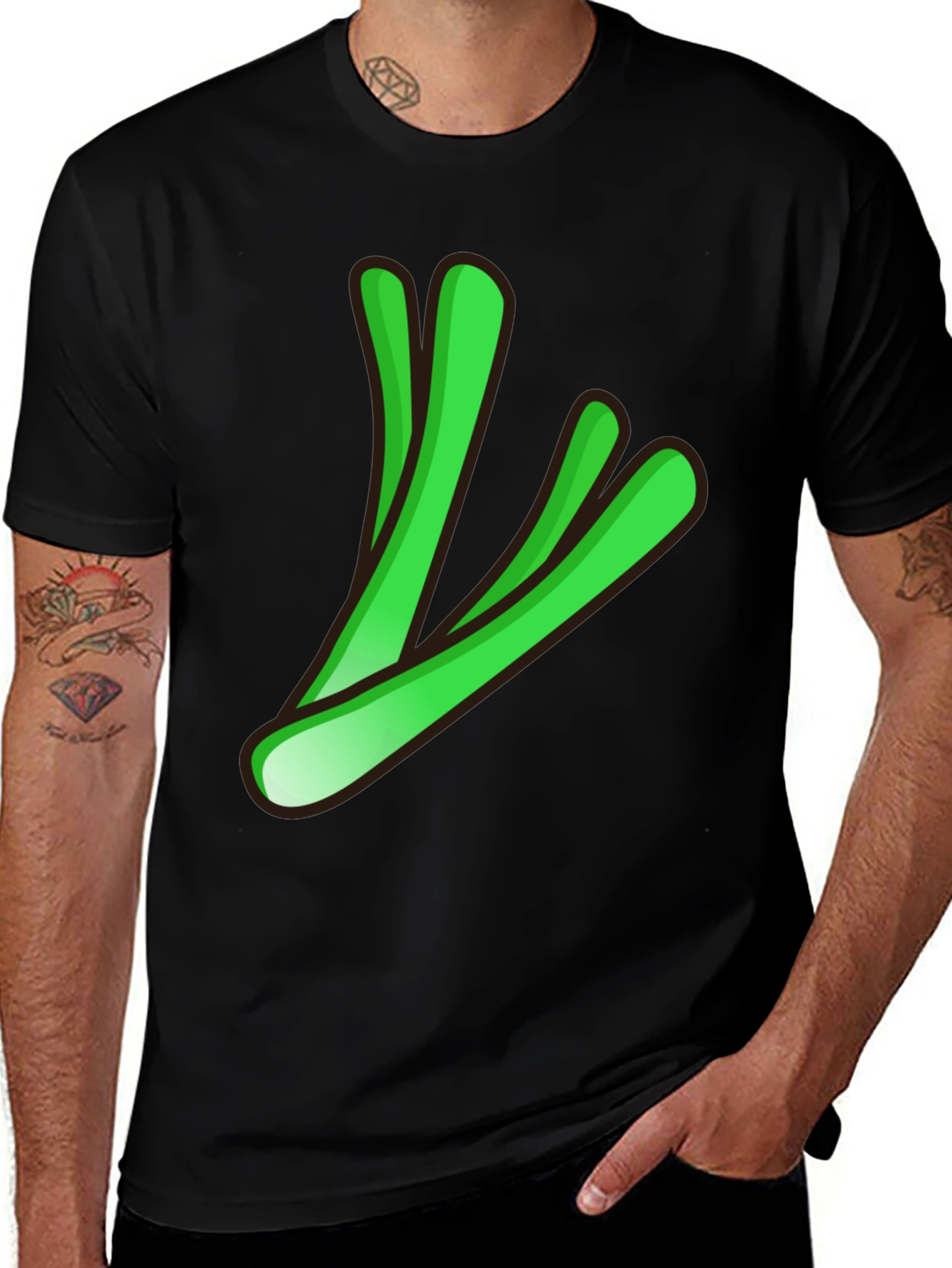Variant 4 of Cool Green Leek Design Black T-Shirt