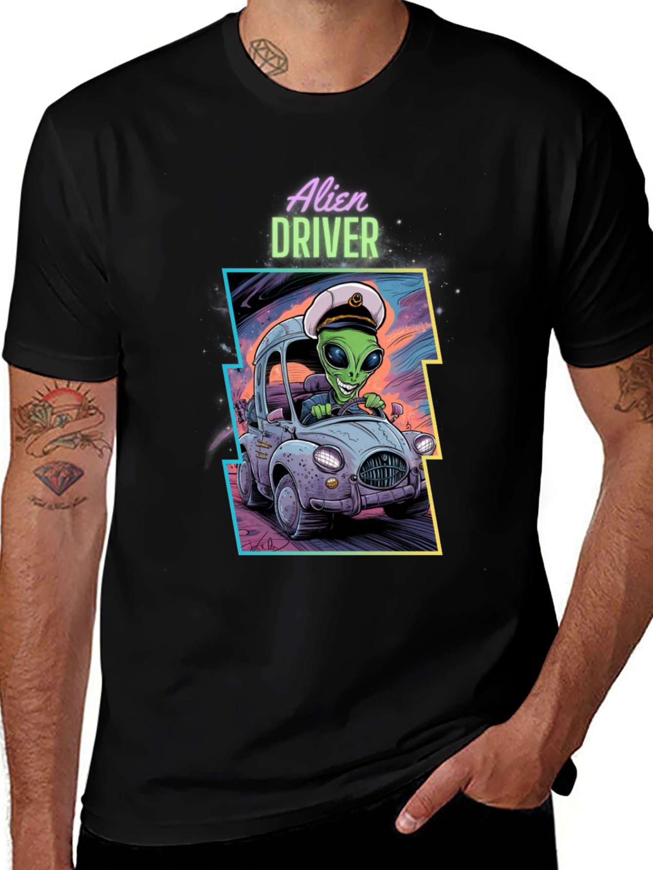 Variant 26 of Alien Driver Graphic T-Shirt - Black Crew Neck Tee