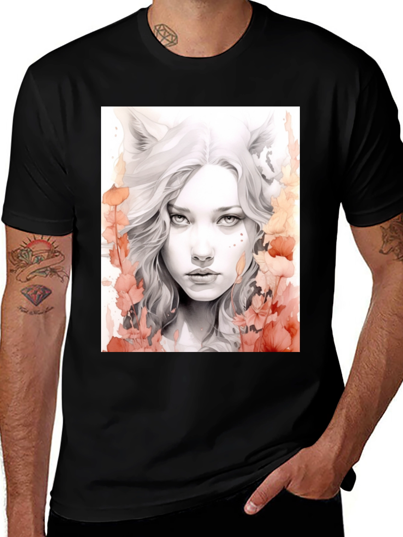 Variant 7 of Wolf Girl Graphic Tee - Black Cotton T-Shirt