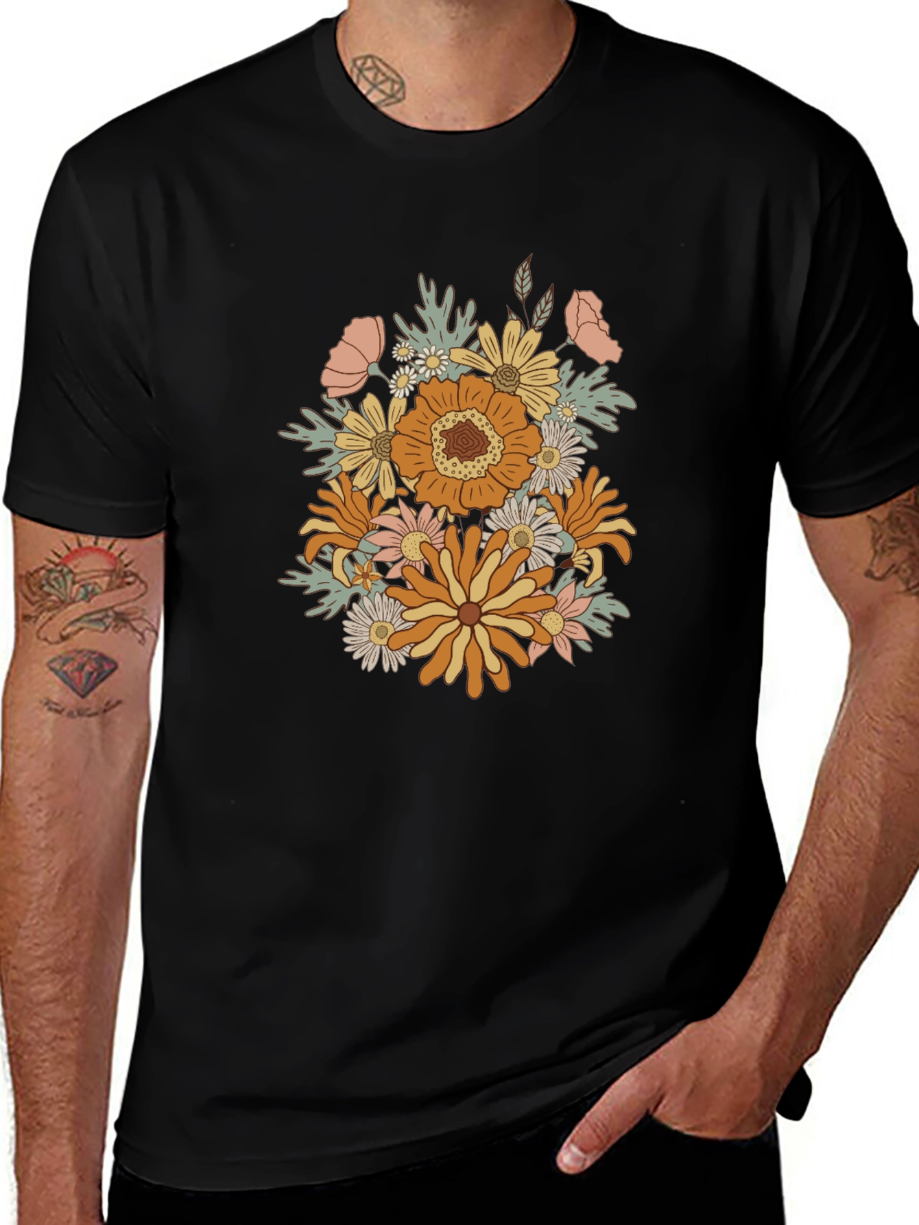 Variant 15 of Retro Floral Graphic Tee - Black Cotton Blend