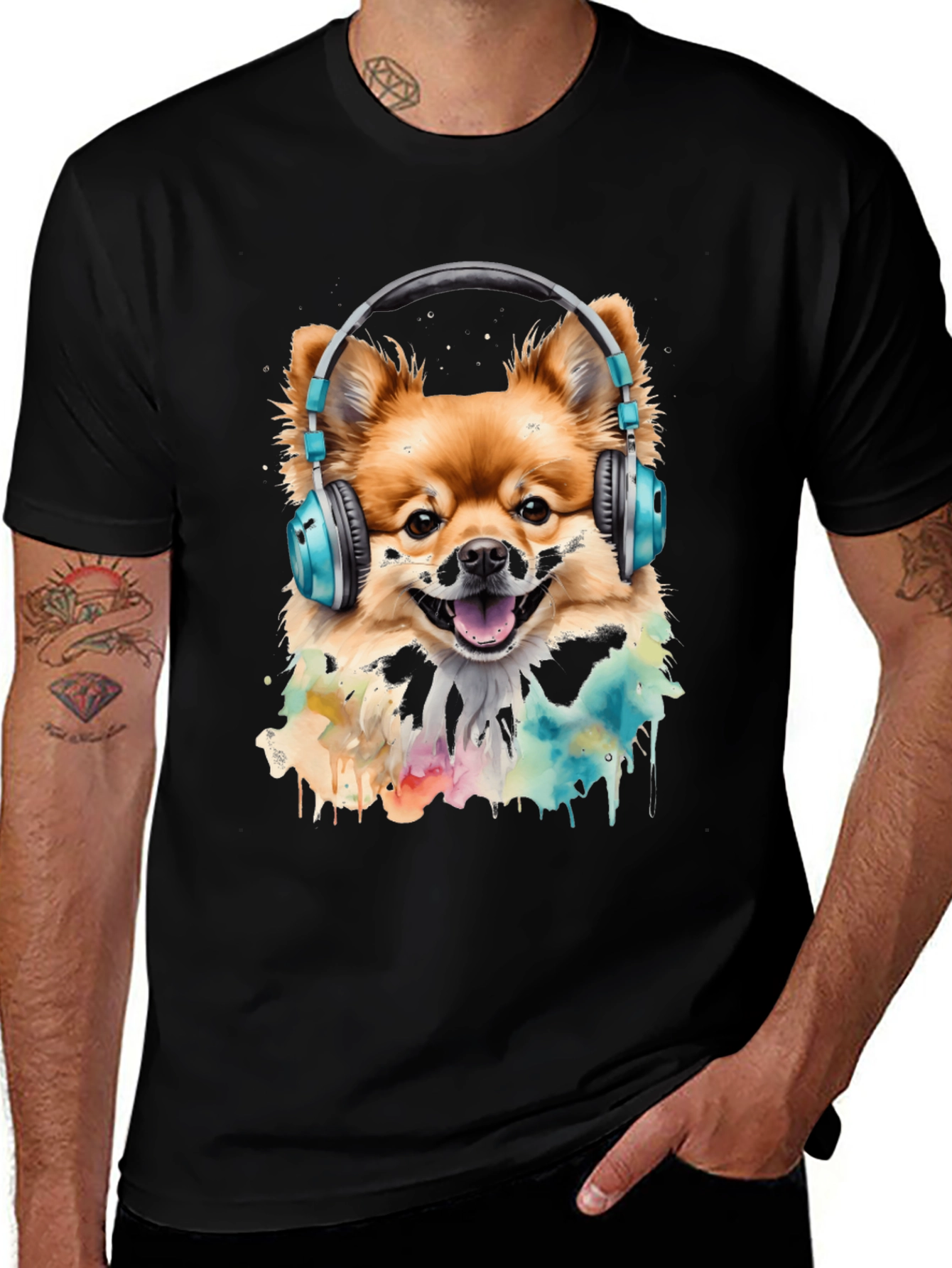Variant 11 of Dog with Headphones T-Shirt - Stylish Black Tee