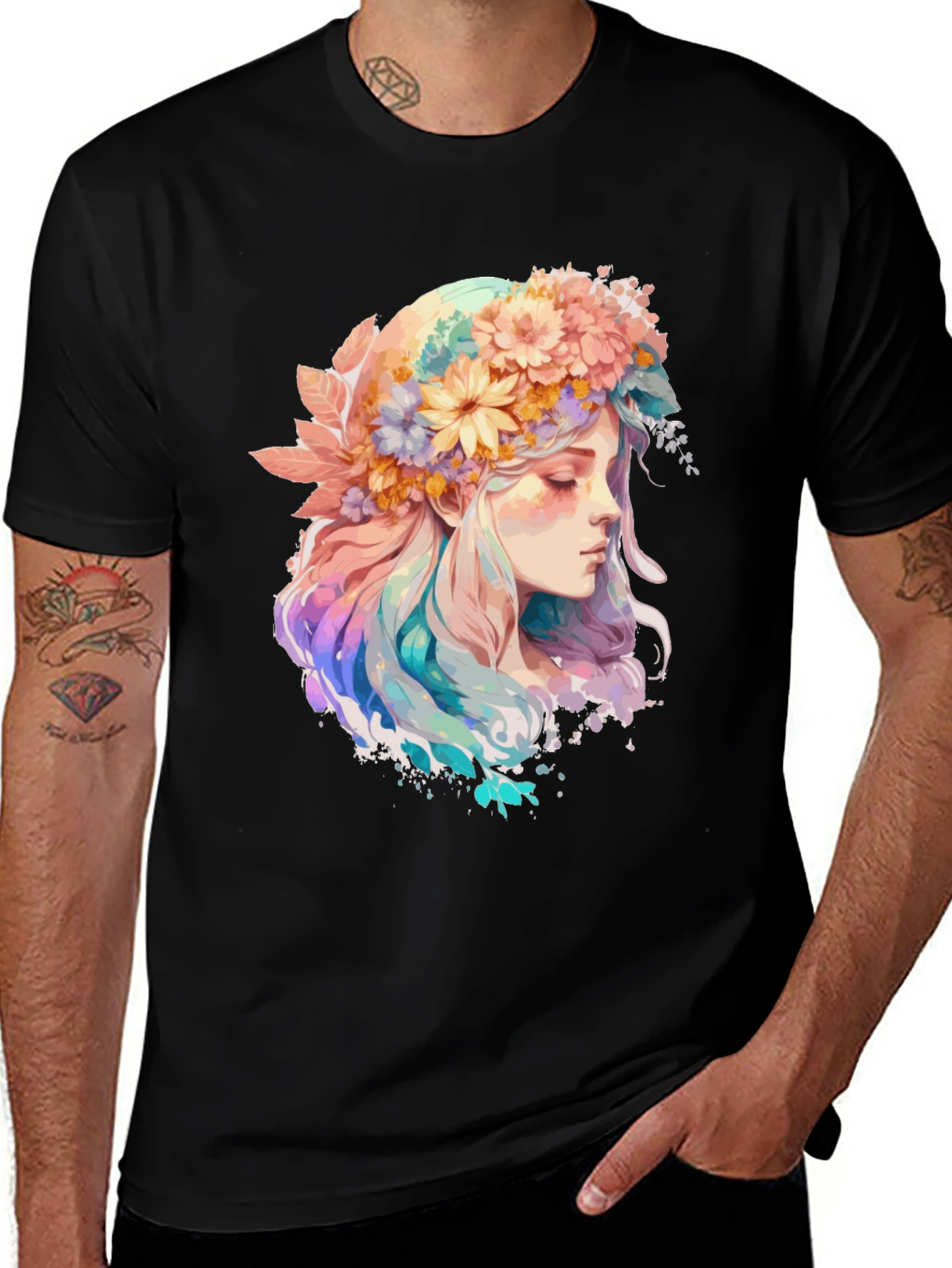 Variant 28 of Floral Crown Girl Graphic Tee - Black Cotton Shirt