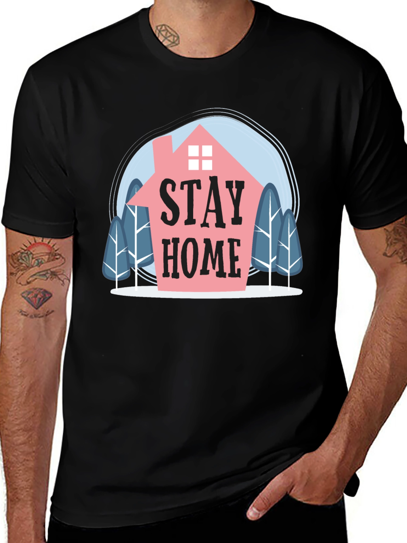 Stay Home Graphic Tee - Men's Black Cotton T-Shirt