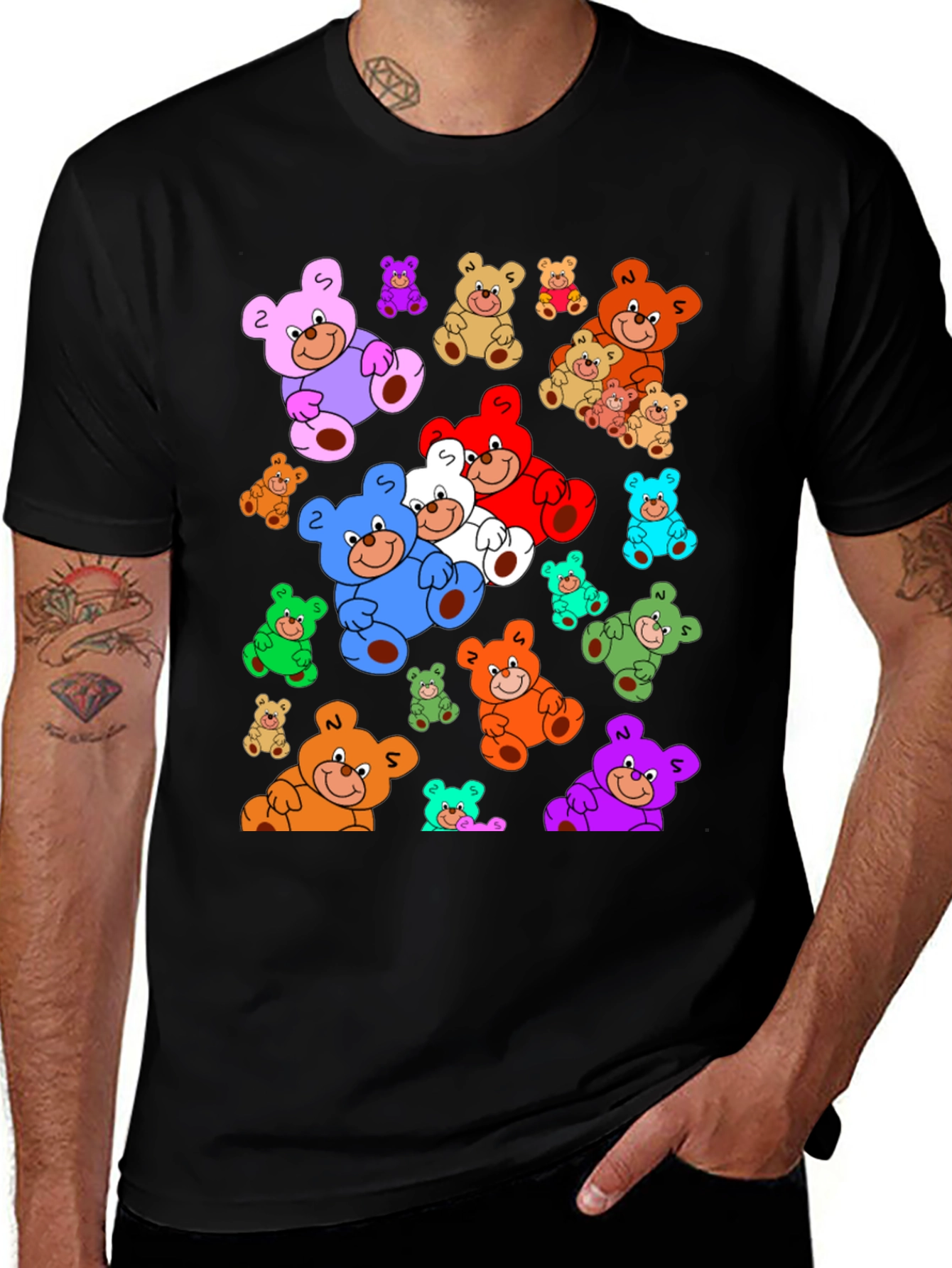 Fun Cartoon Teddy Bear Print Black T-Shirt
