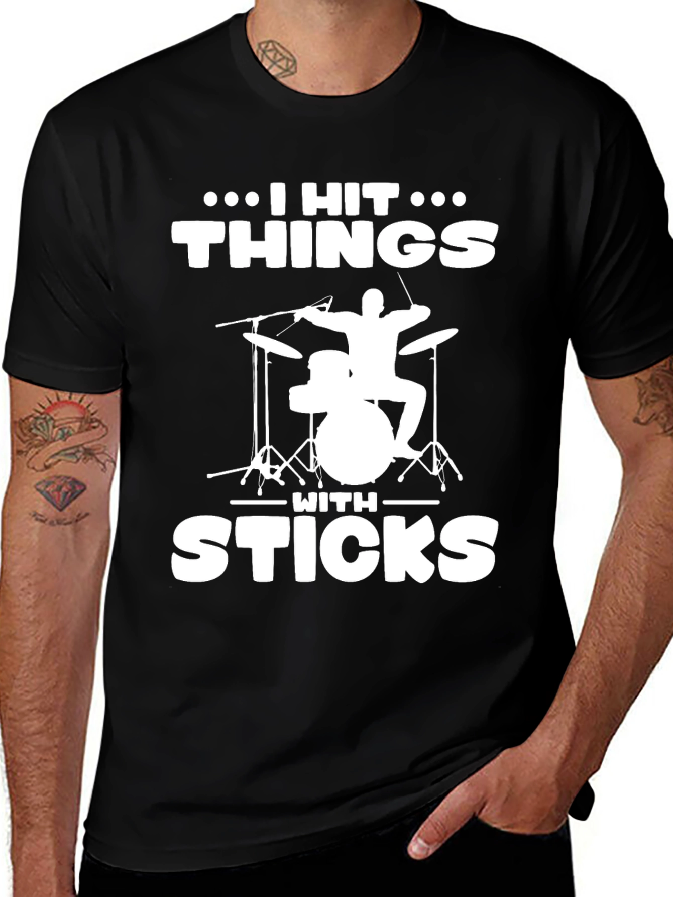 I Hit Things With Sticks Black T-Shirt - Drummer Music Tee