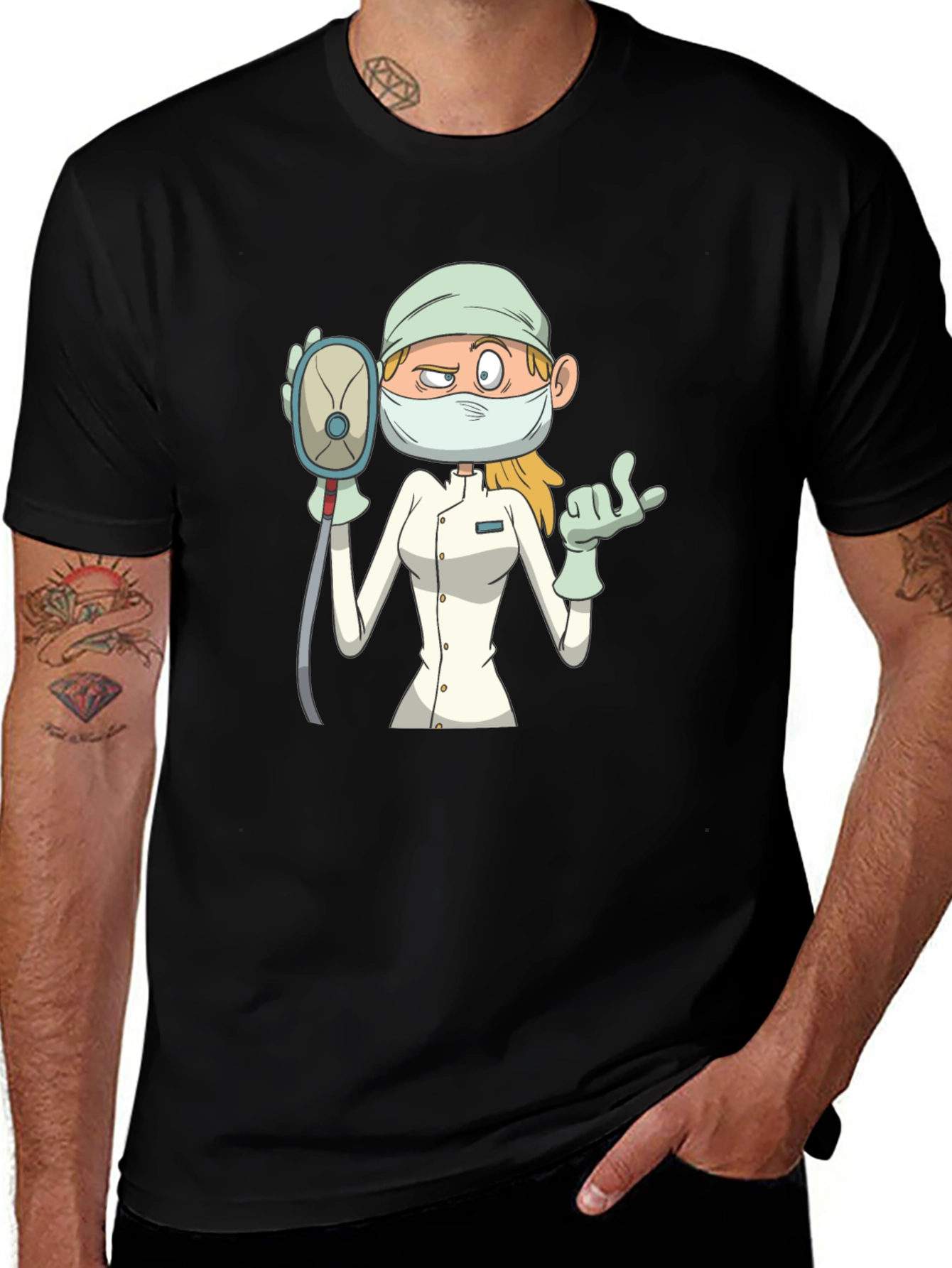 Black Cartoon Nurse T-Shirt - Unisex Black Tee main image