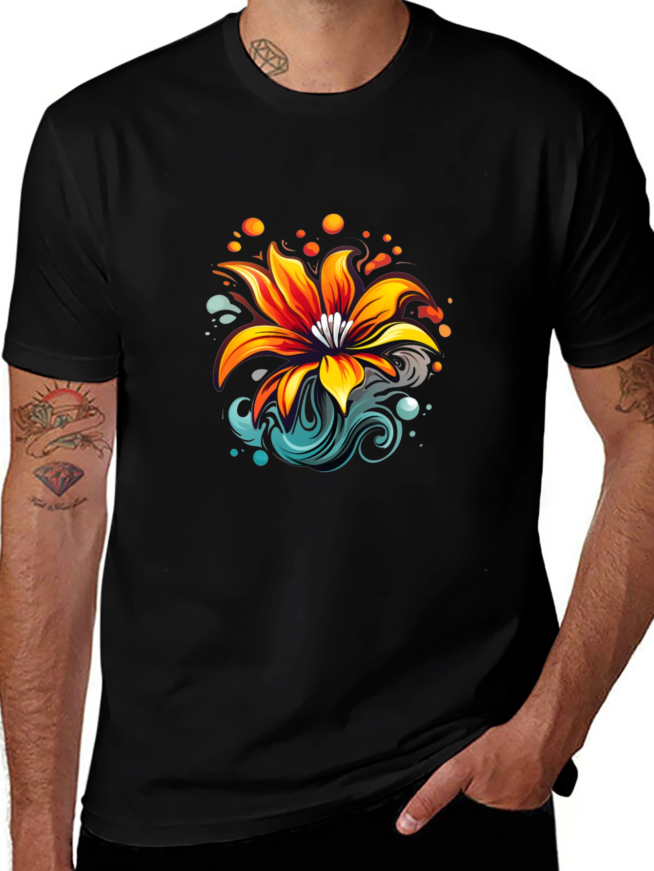 Variant 21 of Floral Graphic Black T-Shirt - Vibrant Lily Design