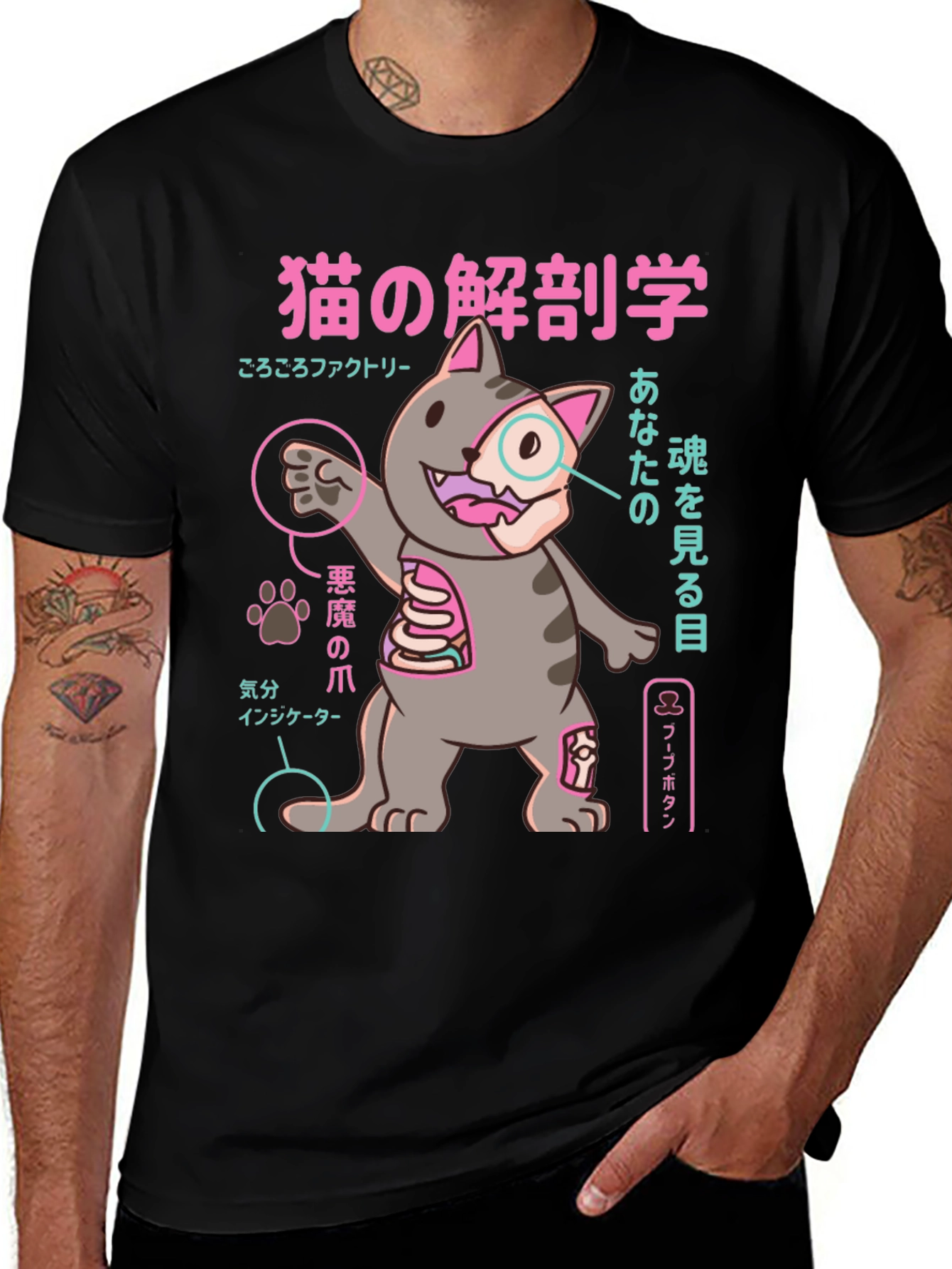 Variant 7 of Anatomy of a Cat T-Shirt, Japanese Text, Black