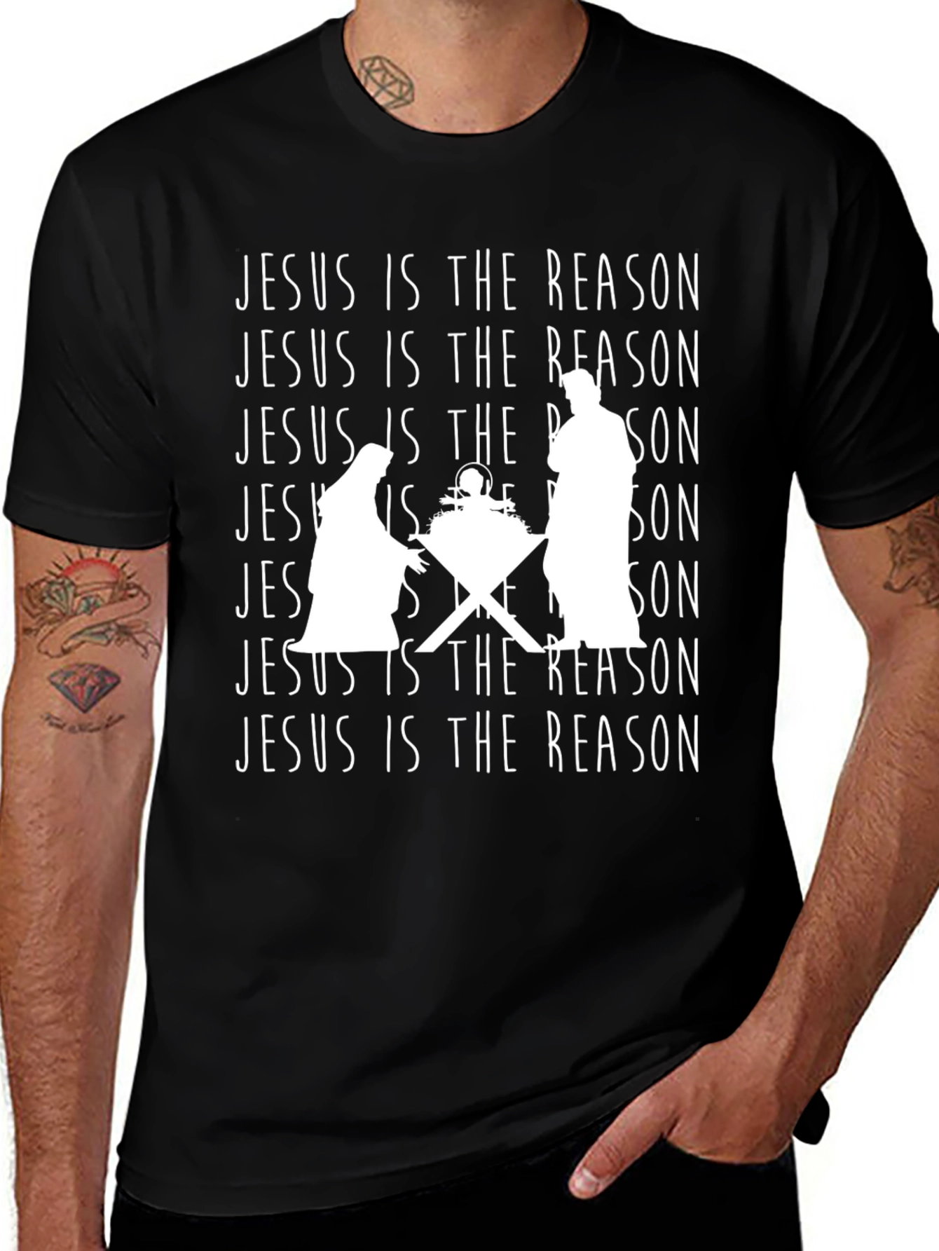 Jesus Is The Reason Nativity Scene Black T-Shirt