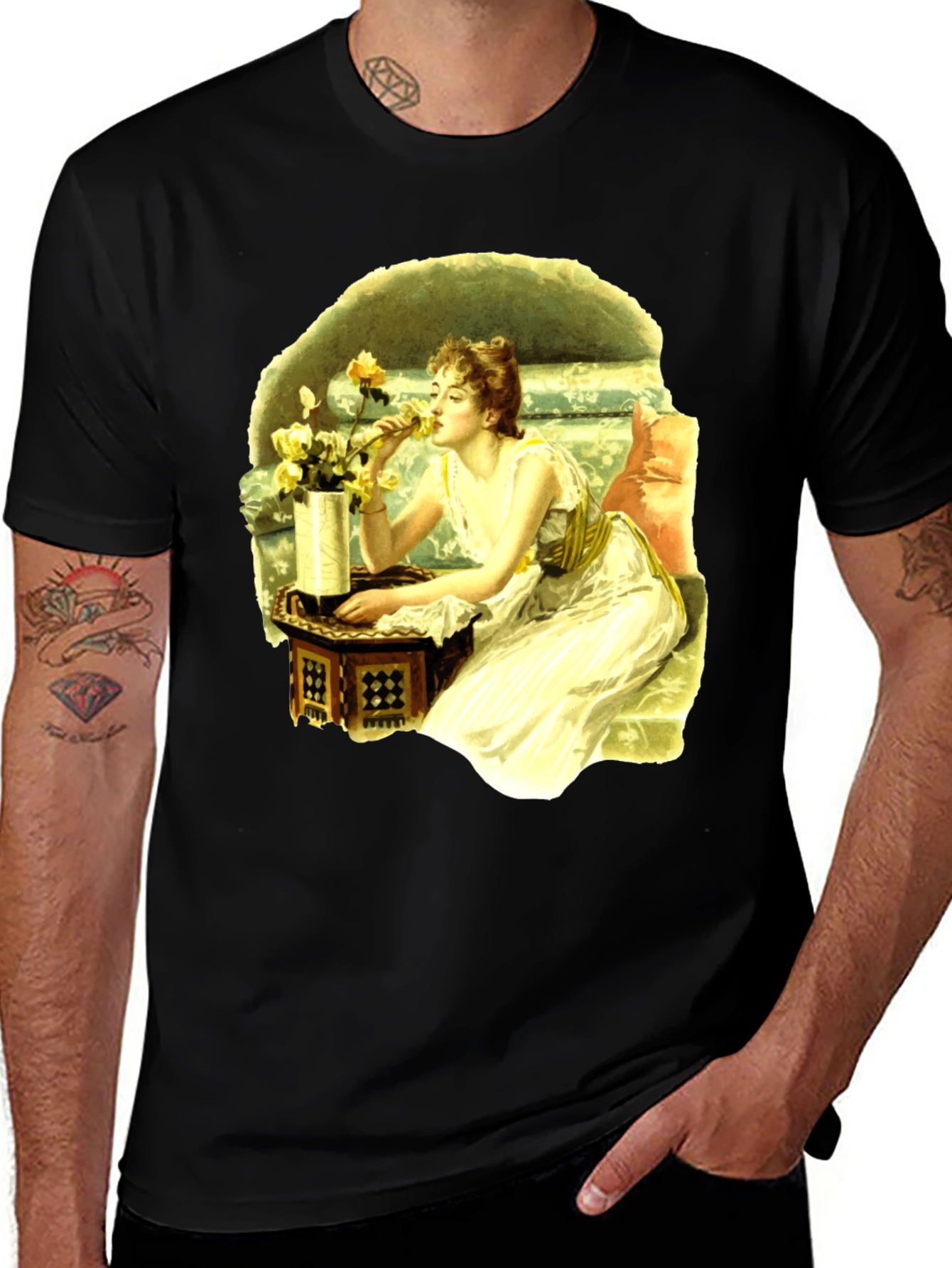 Variant 21 of Vintage Lady Smelling Roses Graphic Tee - Black
