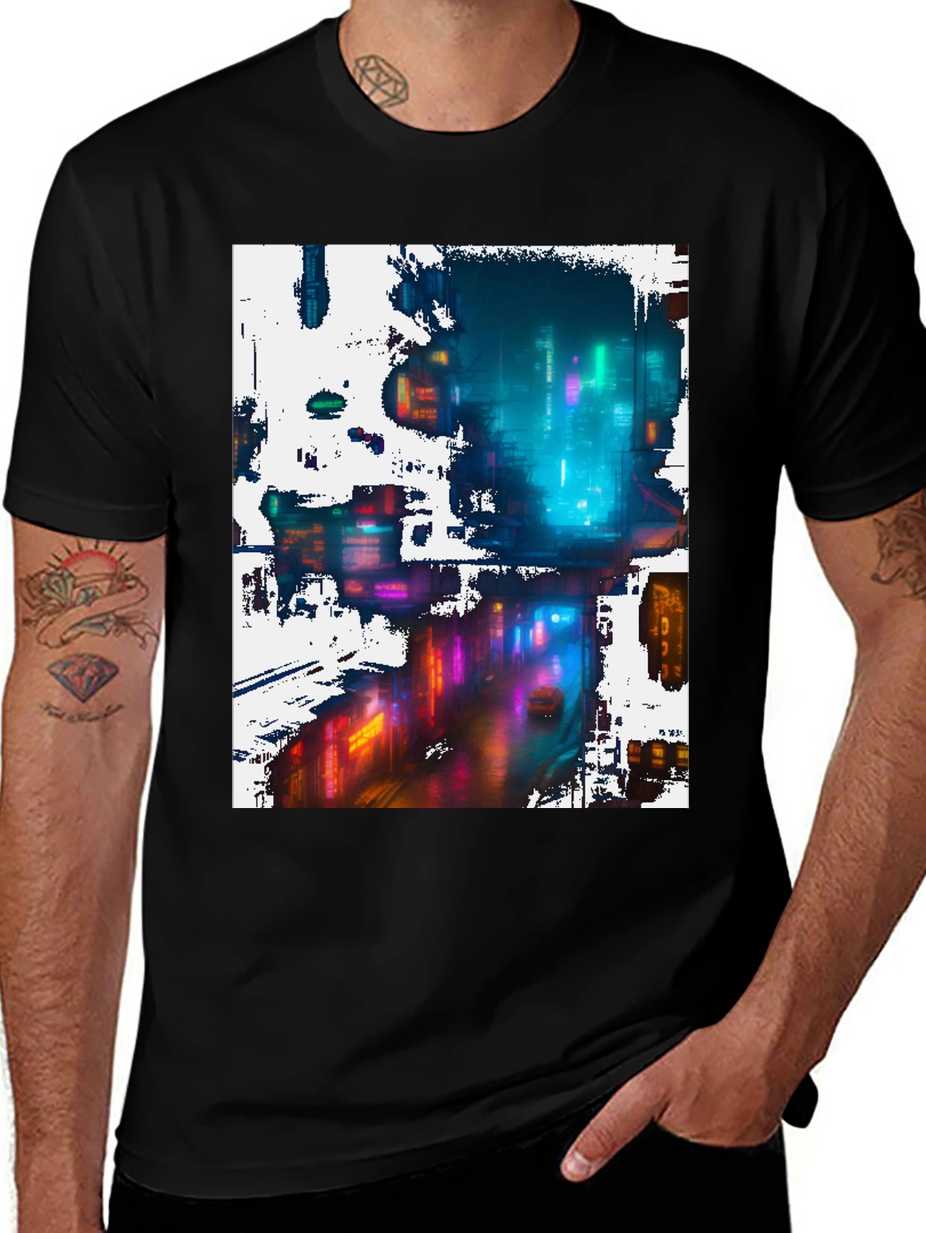 Variant 20 of Cyberpunk Cityscape Graphic Tee - Black Cotton Blend