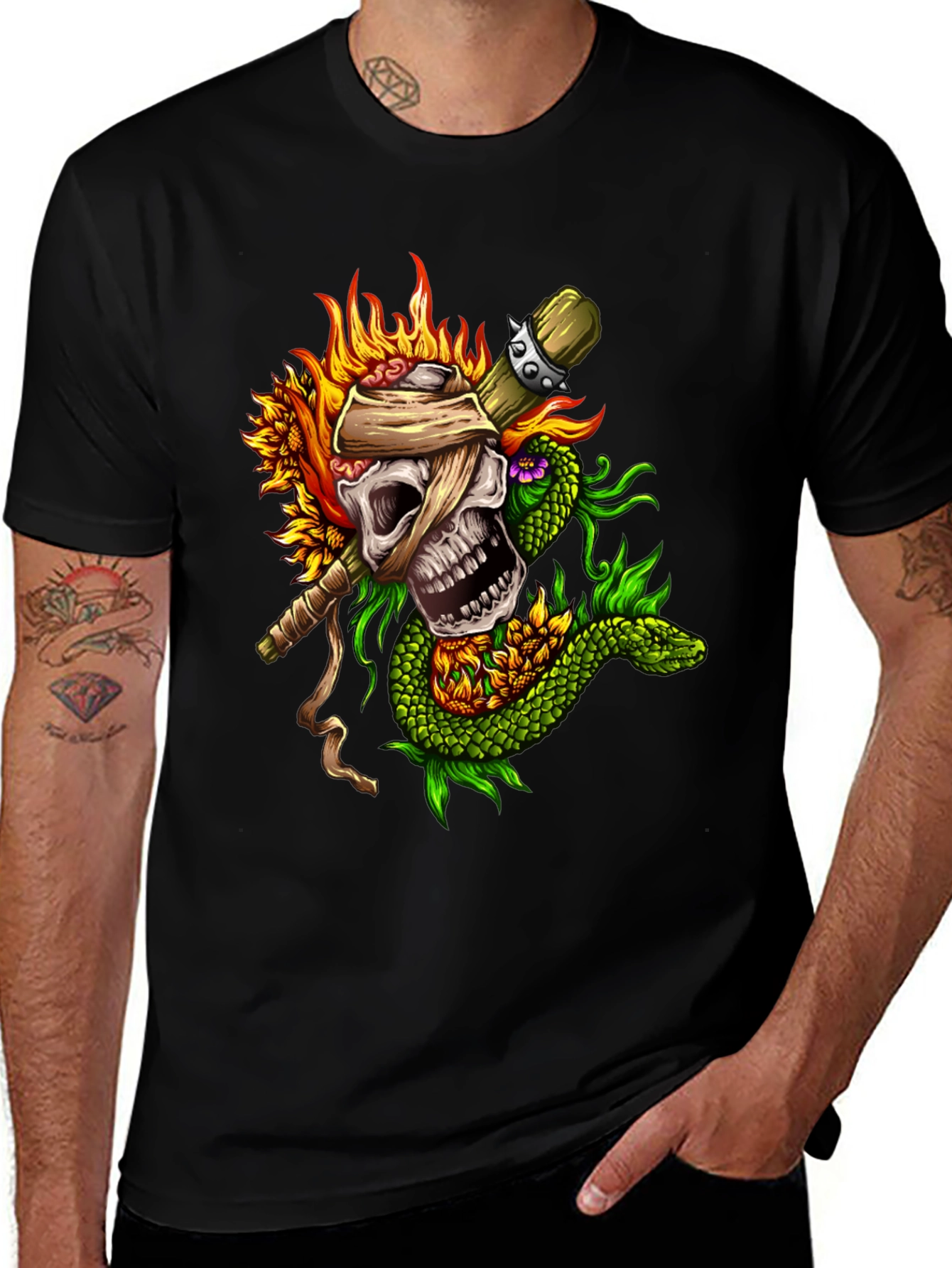 Skull, Snake, Sunflowers Black T-Shirt