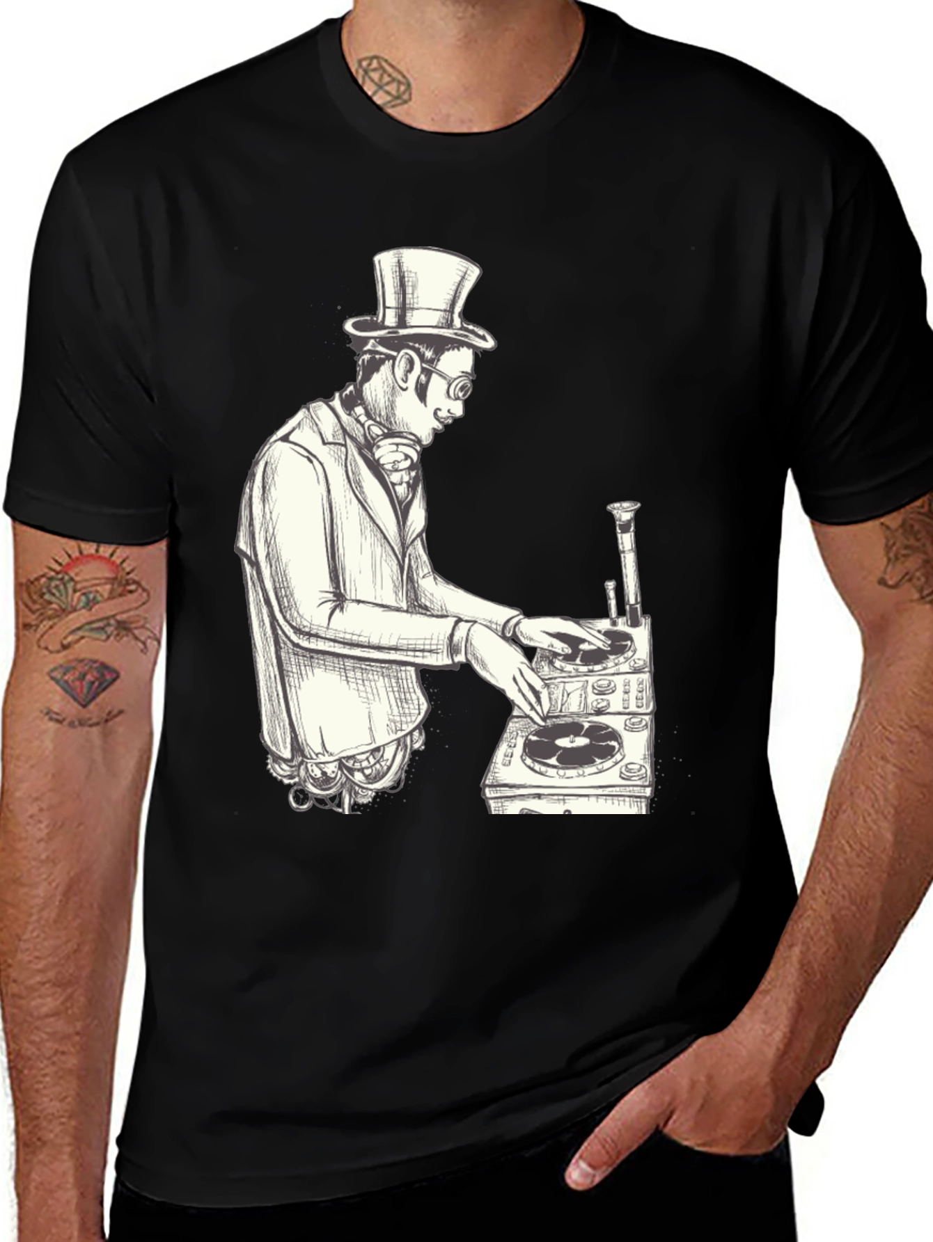 Black Steampunk DJ Graphic T-Shirt - Black main image