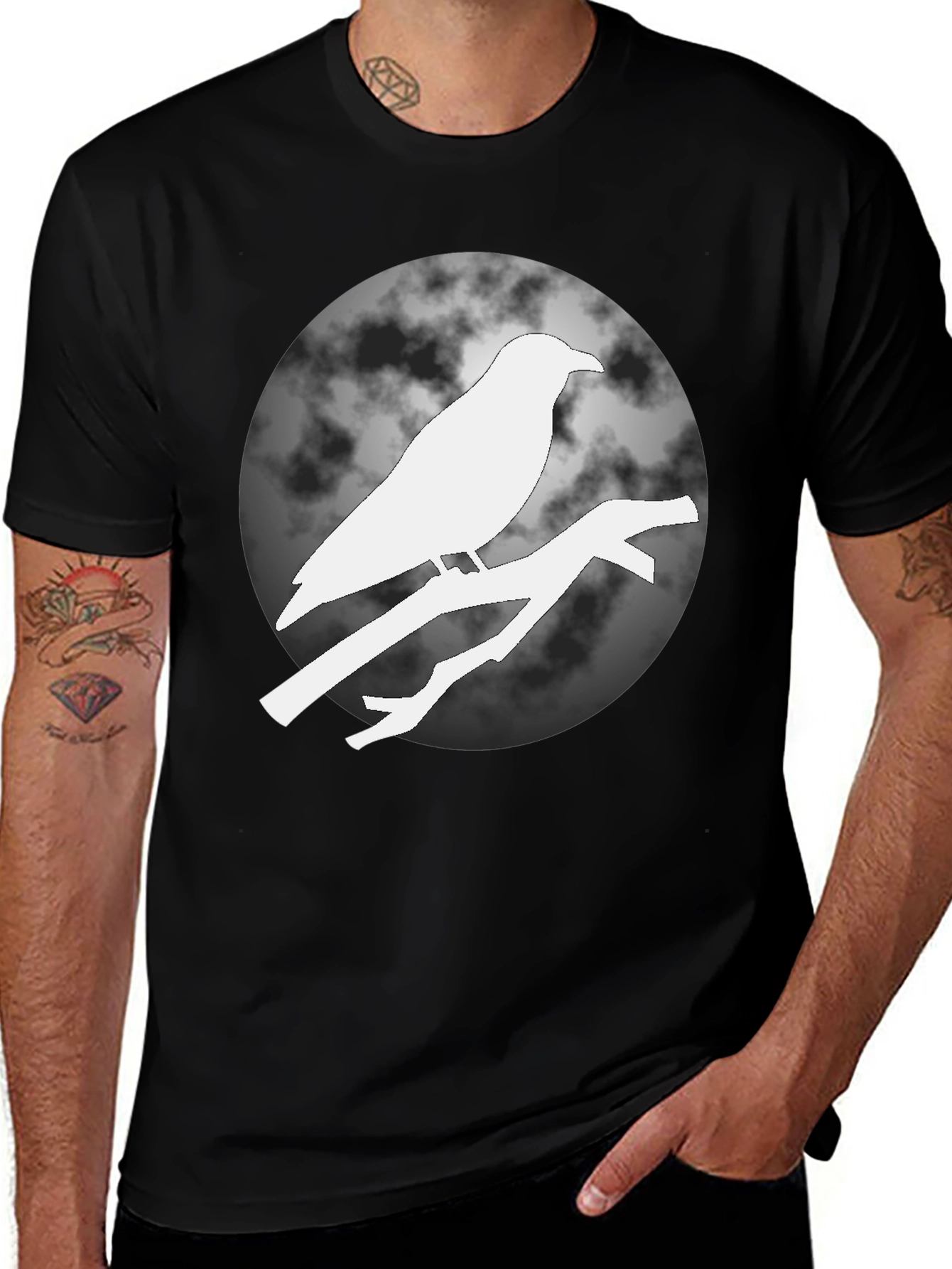 Variant 11 of Raven on Branch Moon T-Shirt - Black