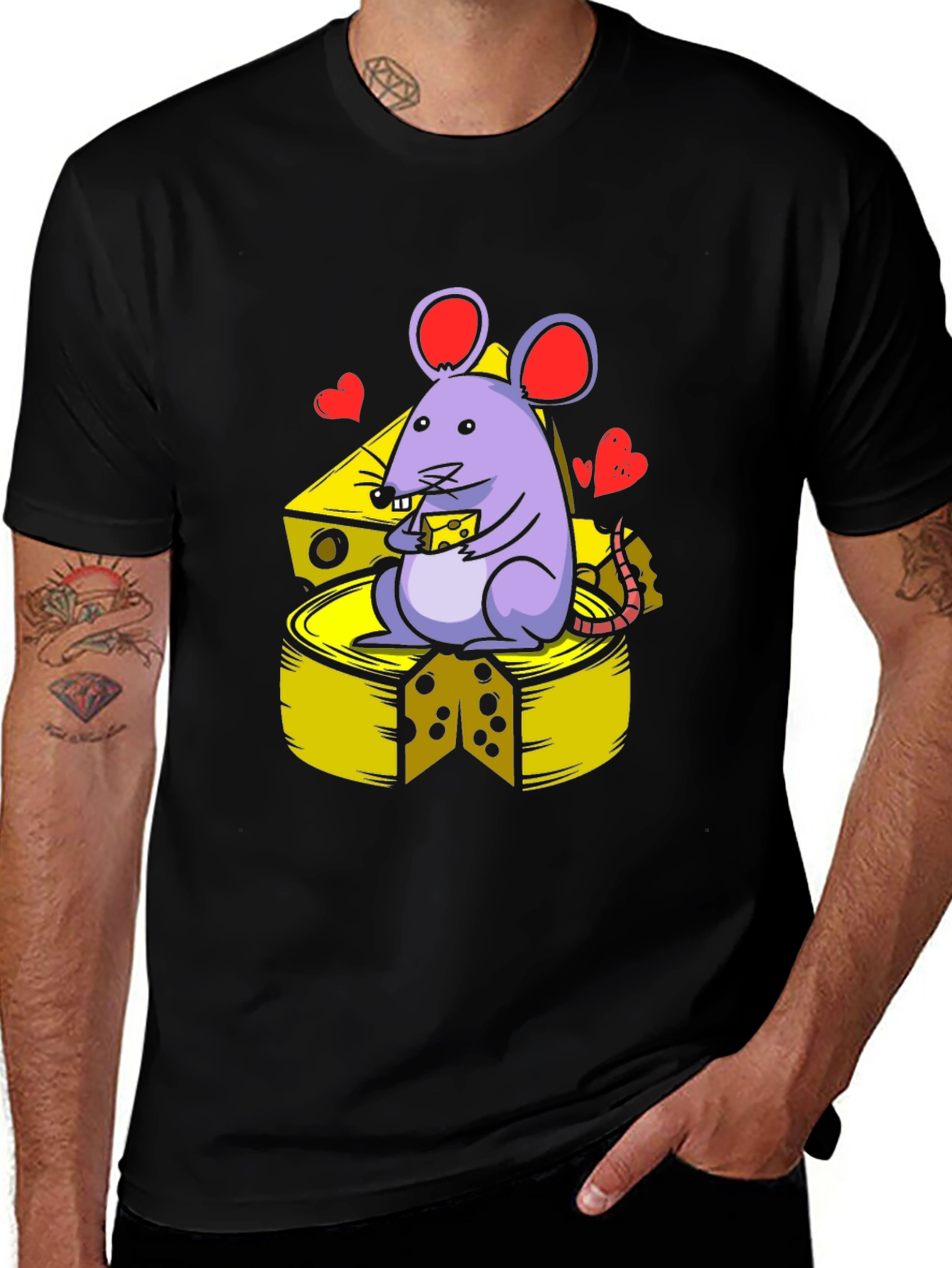 Black Funny Mouse & Cheese Graphic Tee - Unisex Black T-Shirt main image