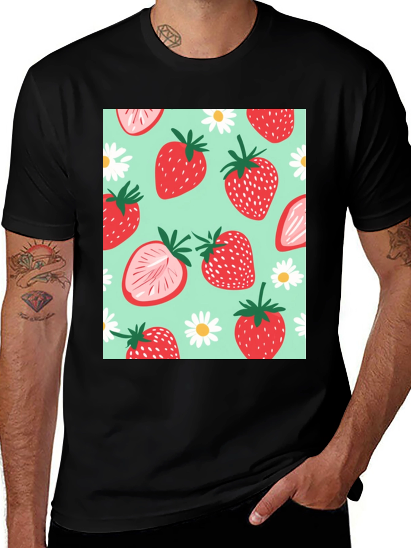 Strawberry Pattern Graphic Tee - Black Cotton T-Shirt