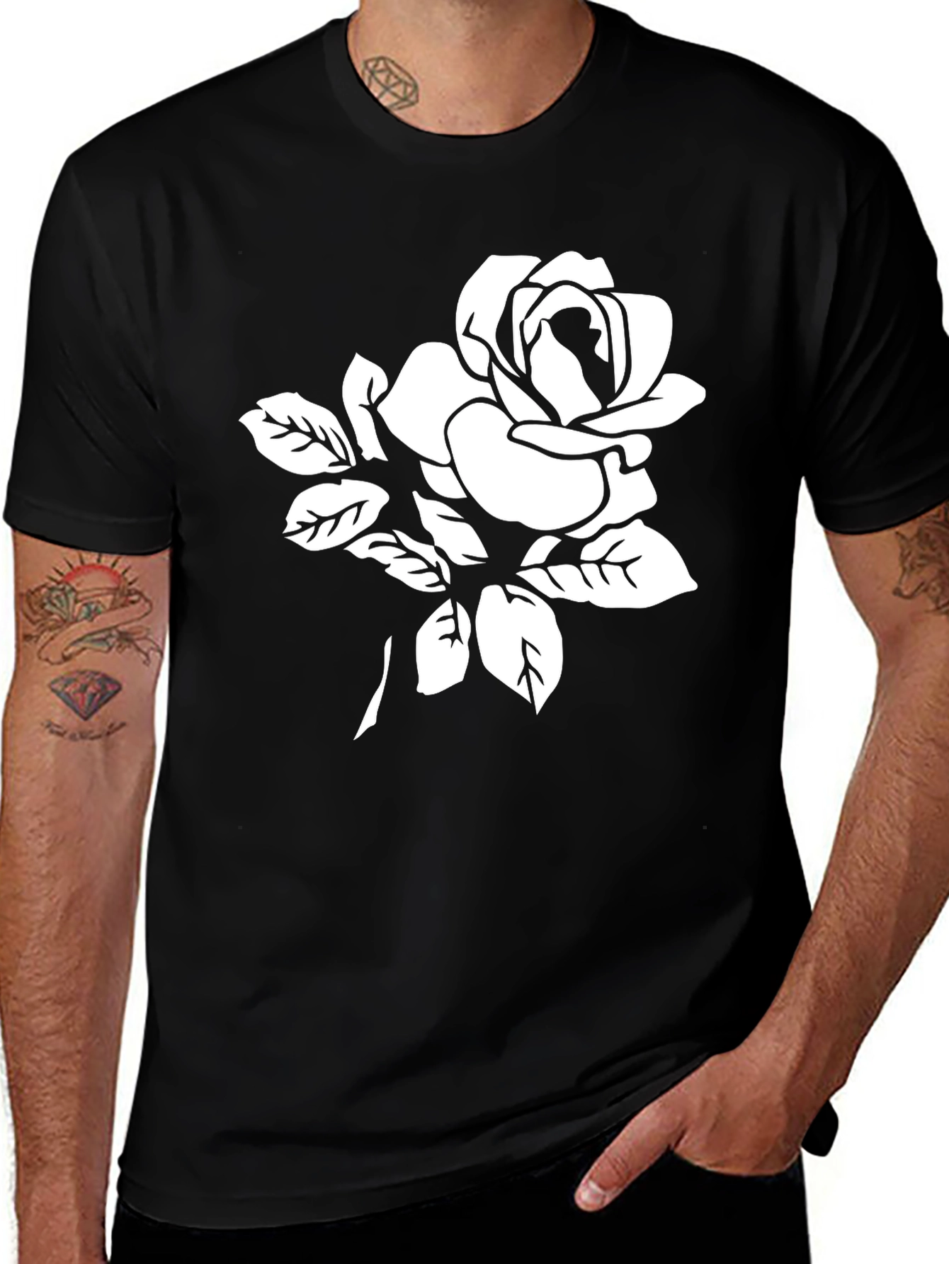 Variant 28 of Black T-Shirt with White Rose Graphic