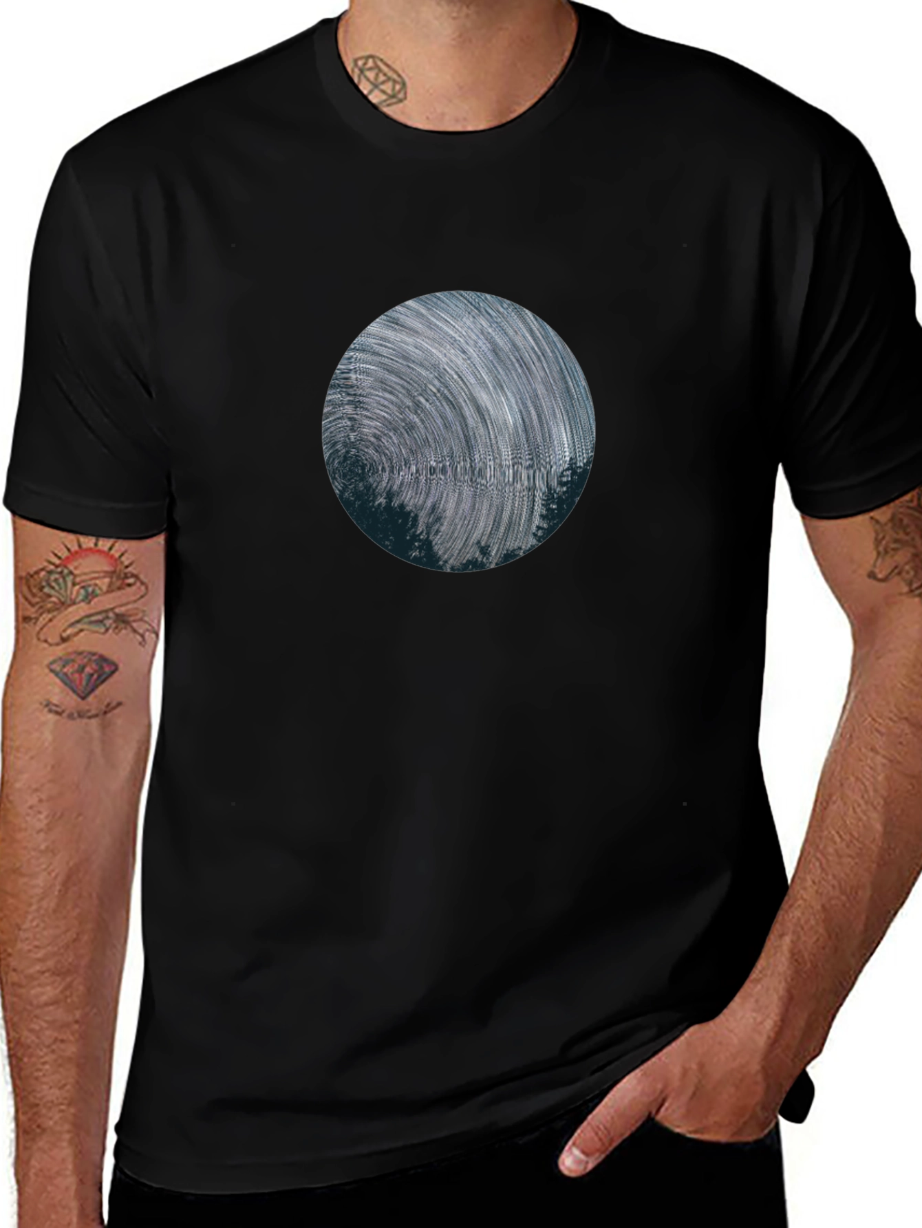Variant 9 of Celestial Star Trails Graphic T-Shirt - Premium Black Cotton