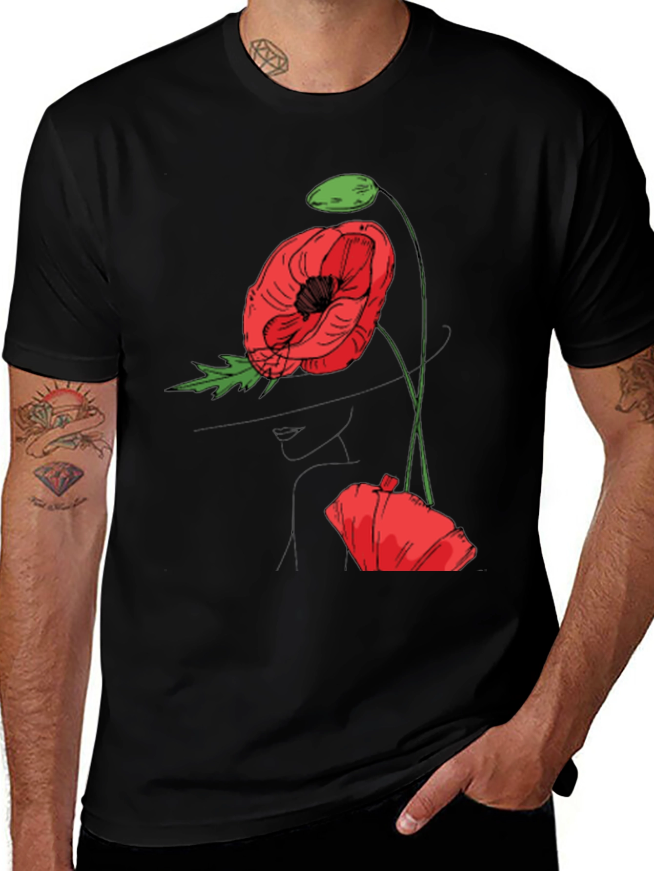 Variant 21 of Floral Poppy Graphic Tee - Stylish Men's Black T-Shirt