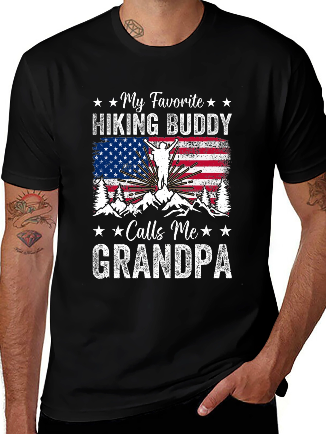Variant 16 of Hiking Buddy Grandpa T-Shirt - American Flag Design