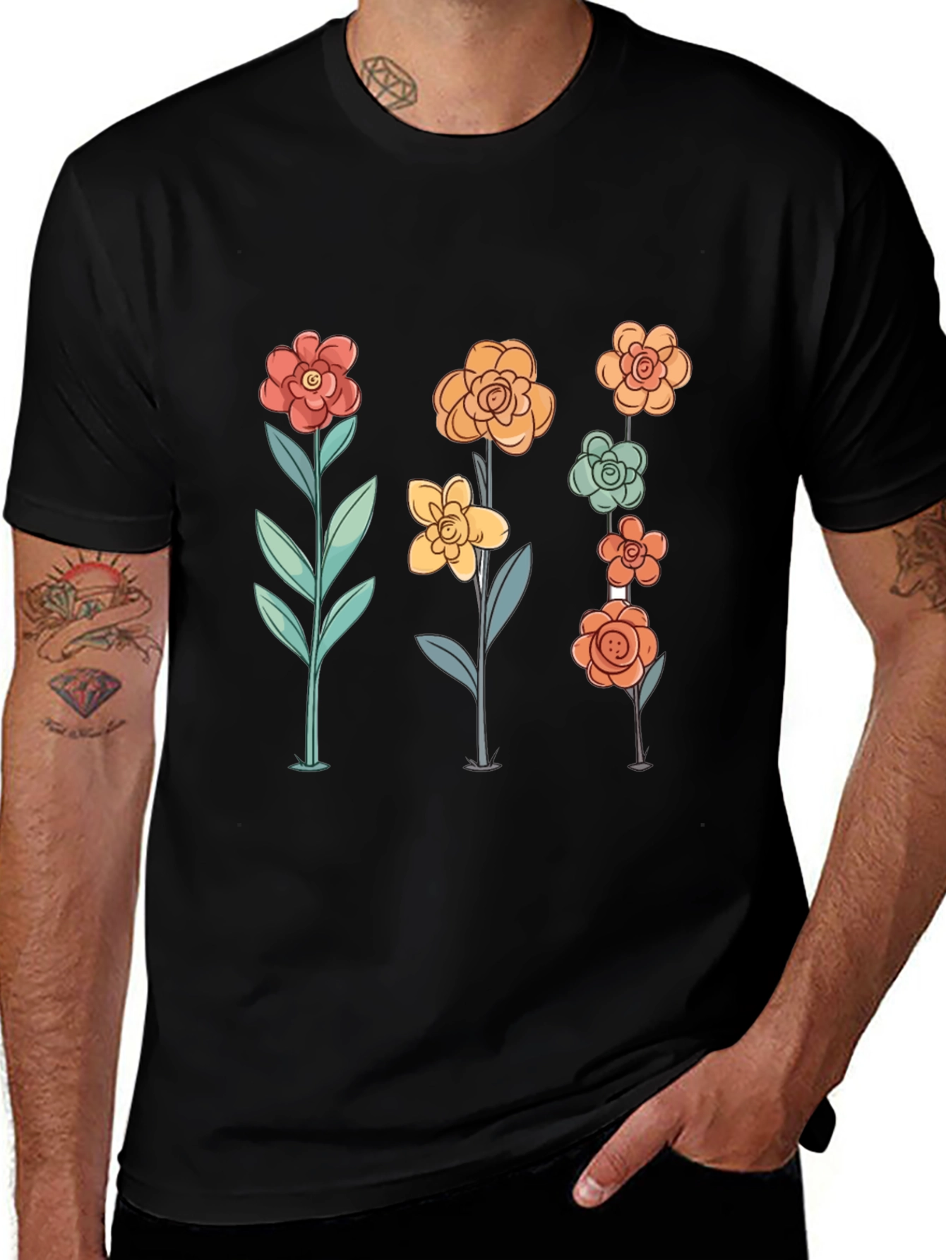 Variant 24 of Floral Graphic Tee - Black Cotton Blend T-Shirt